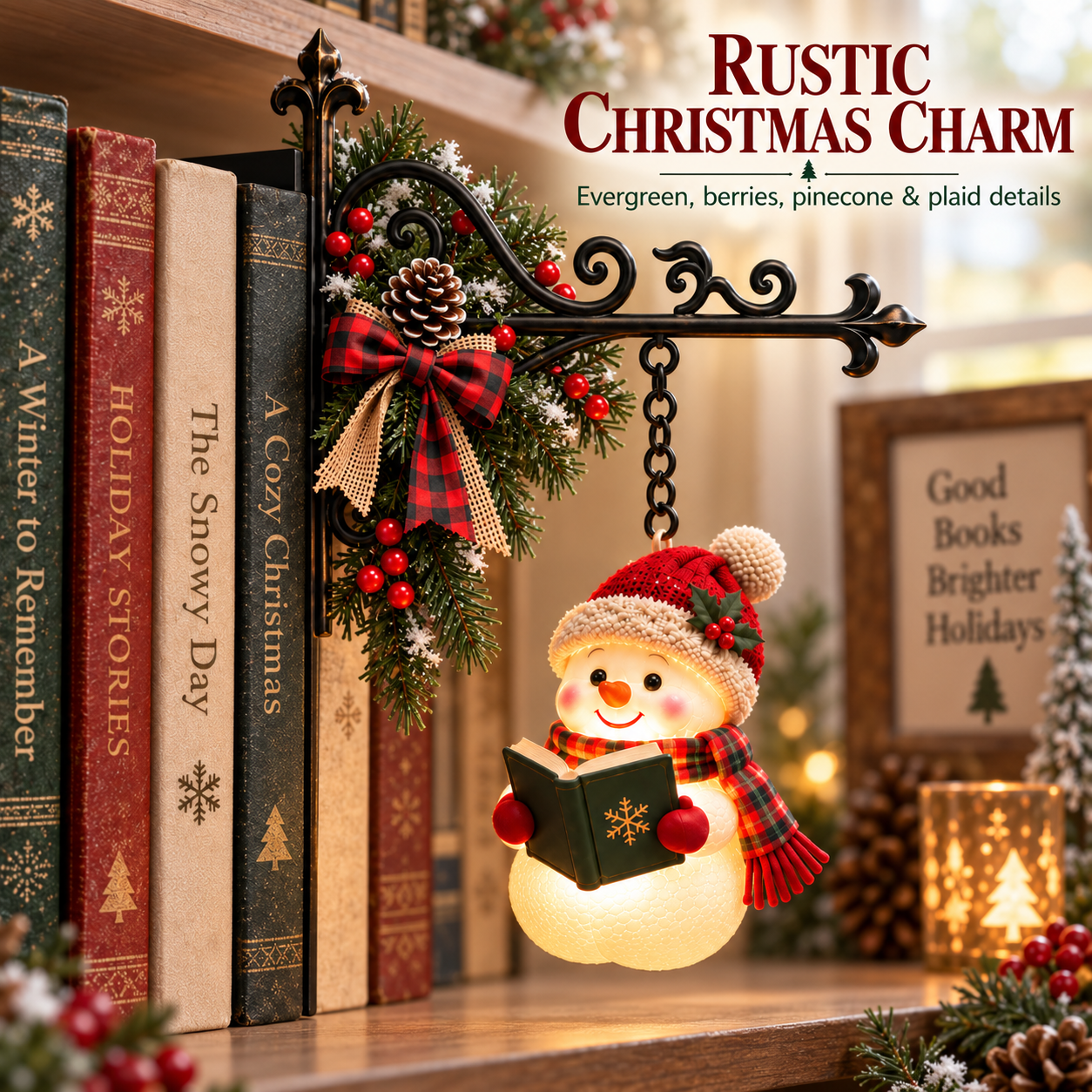 Christmas Snowman Reading Bookshelf Light