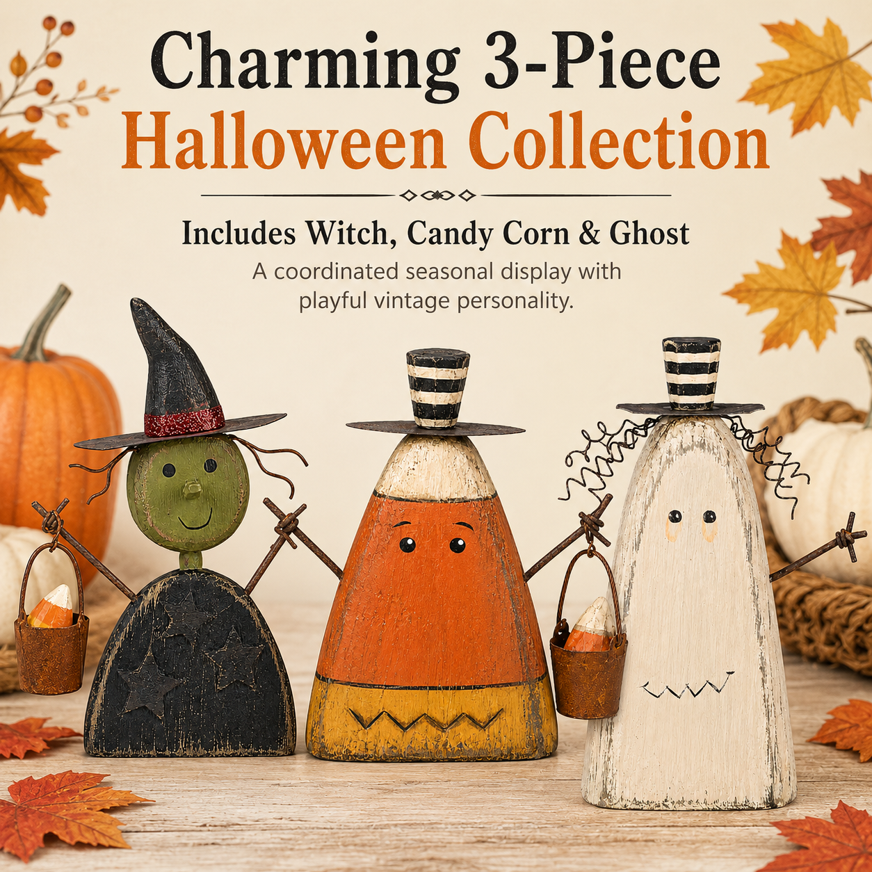 Primitive Halloween Wooden Figurines Set of 3