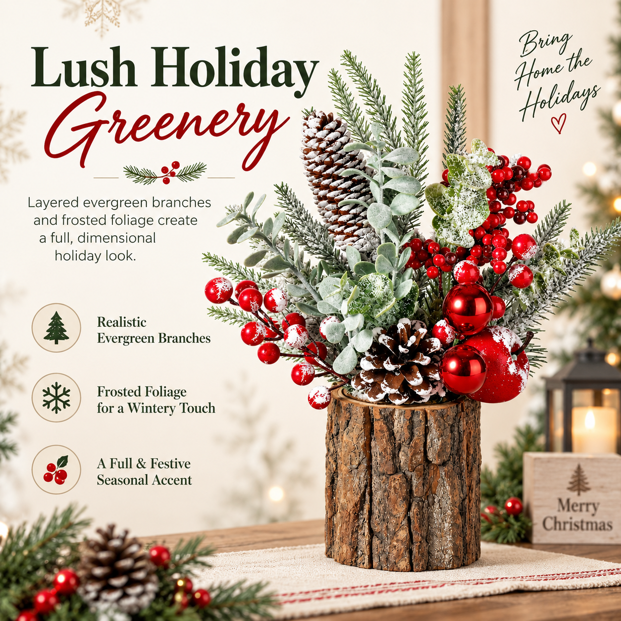 Rustic Christmas Tabletop Arrangement with Red Berries