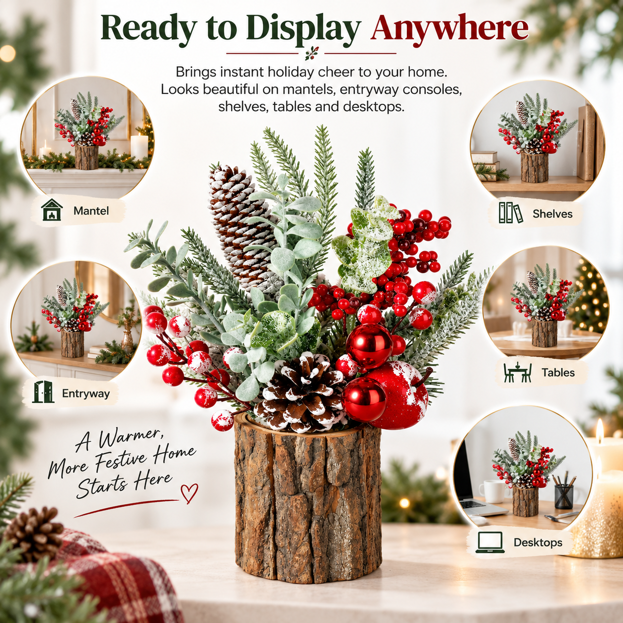 Rustic Christmas Tabletop Arrangement with Red Berries