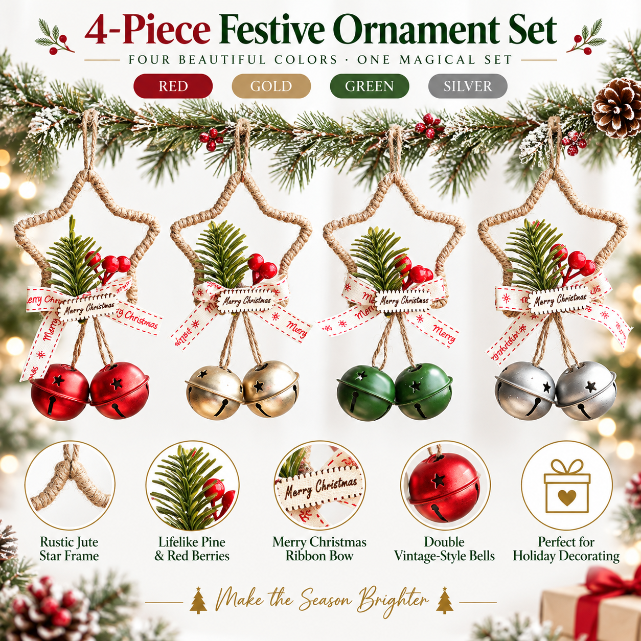 4-Piece Rustic Christmas Star Bell Hanging Ornaments