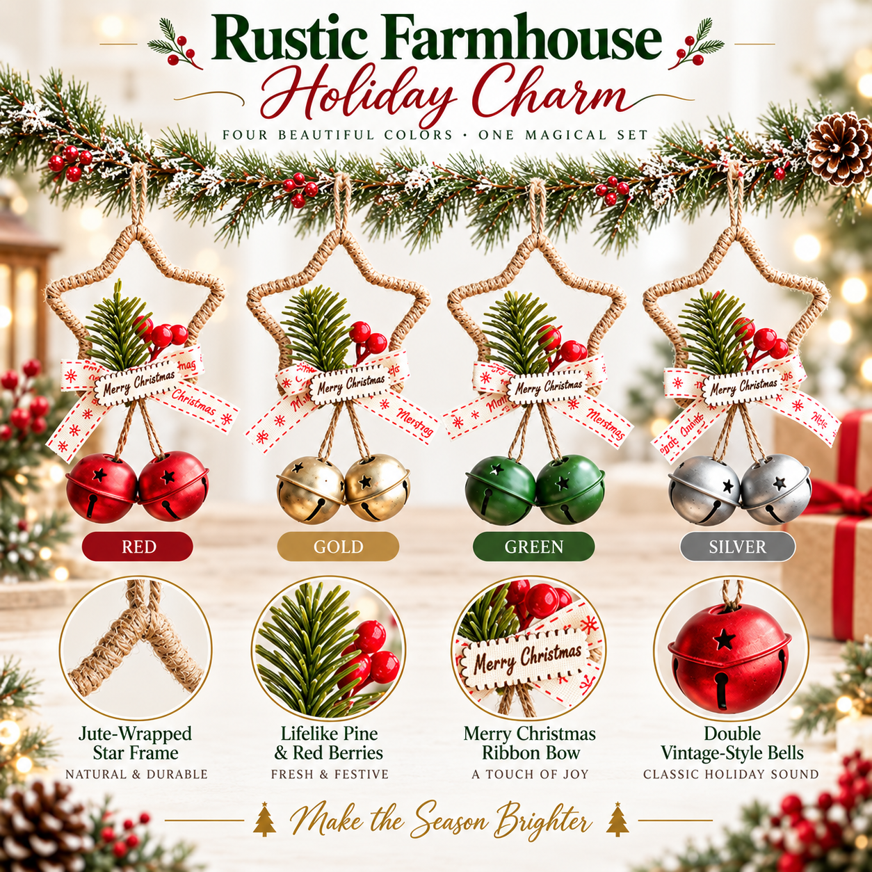 4-Piece Rustic Christmas Star Bell Hanging Ornaments