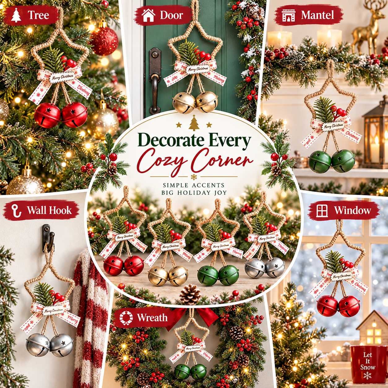 4-Piece Rustic Christmas Star Bell Hanging Ornaments