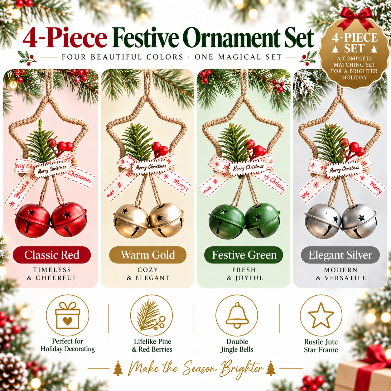 4-Piece Rustic Christmas Star Bell Hanging Ornaments