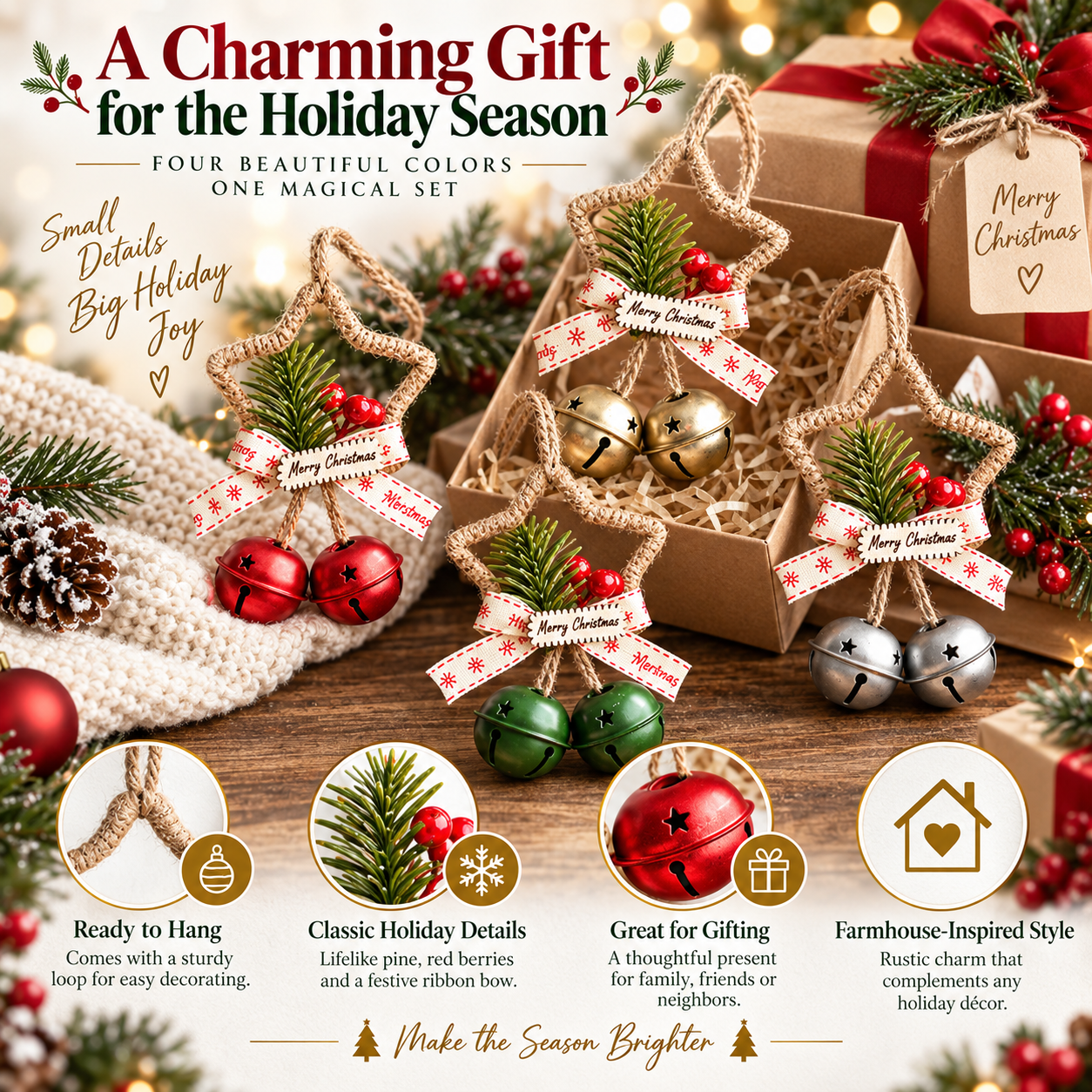 4-Piece Rustic Christmas Star Bell Hanging Ornaments