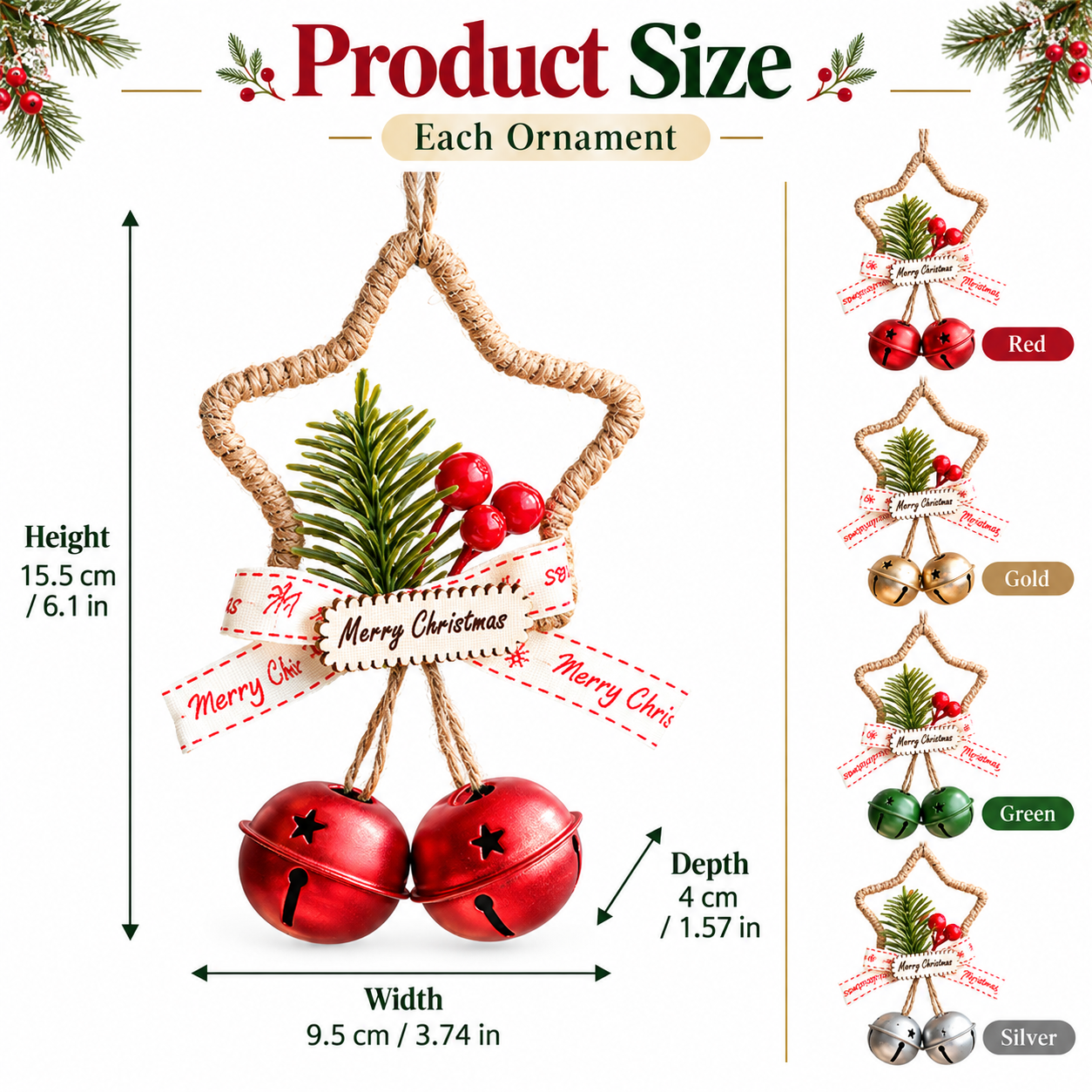 4-Piece Rustic Christmas Star Bell Hanging Ornaments