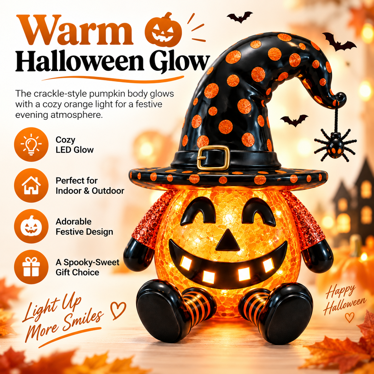 Light-Up Halloween Pumpkin Witch Figurine