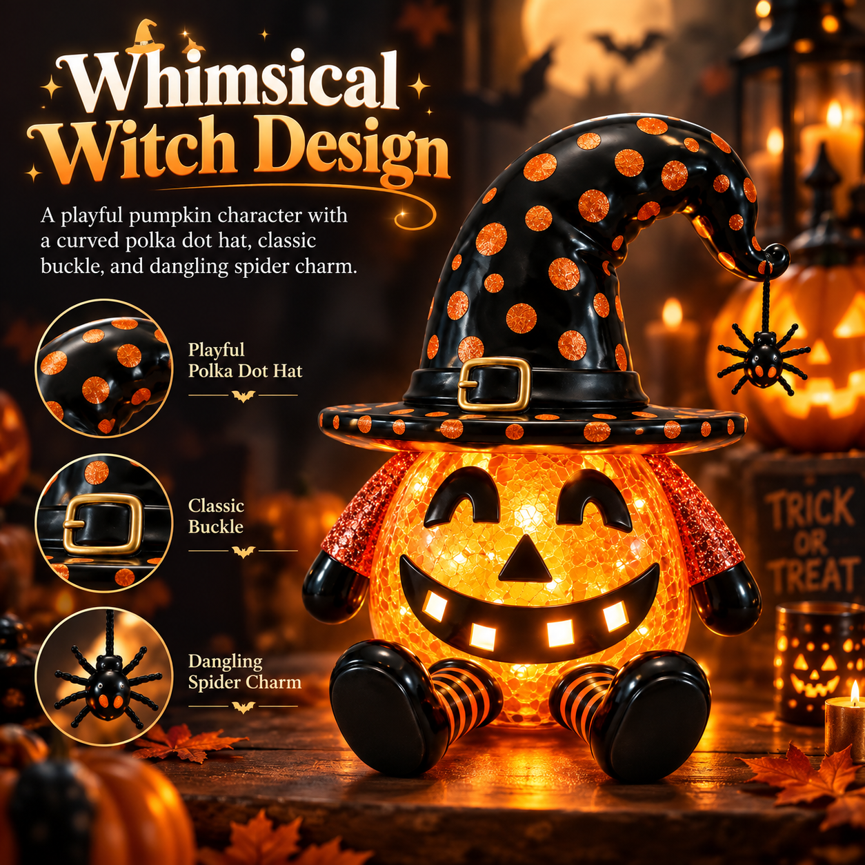 Light-Up Halloween Pumpkin Witch Figurine