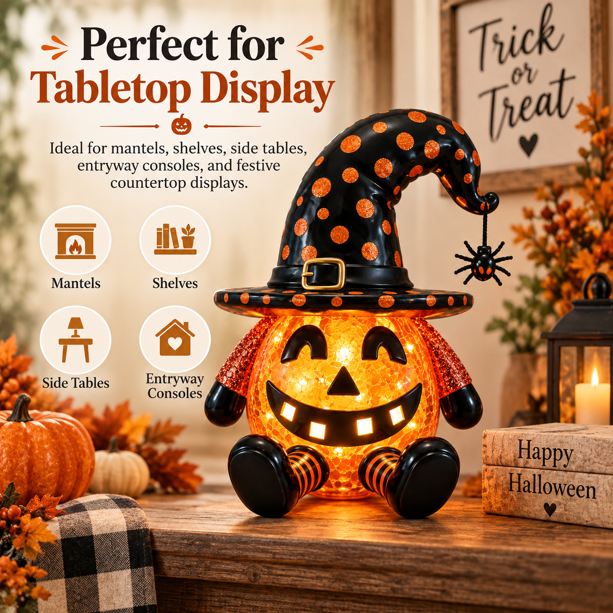 Light-Up Halloween Pumpkin Witch Figurine