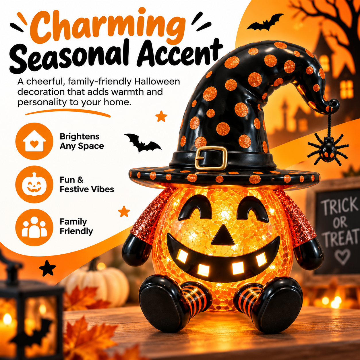 Light-Up Halloween Pumpkin Witch Figurine