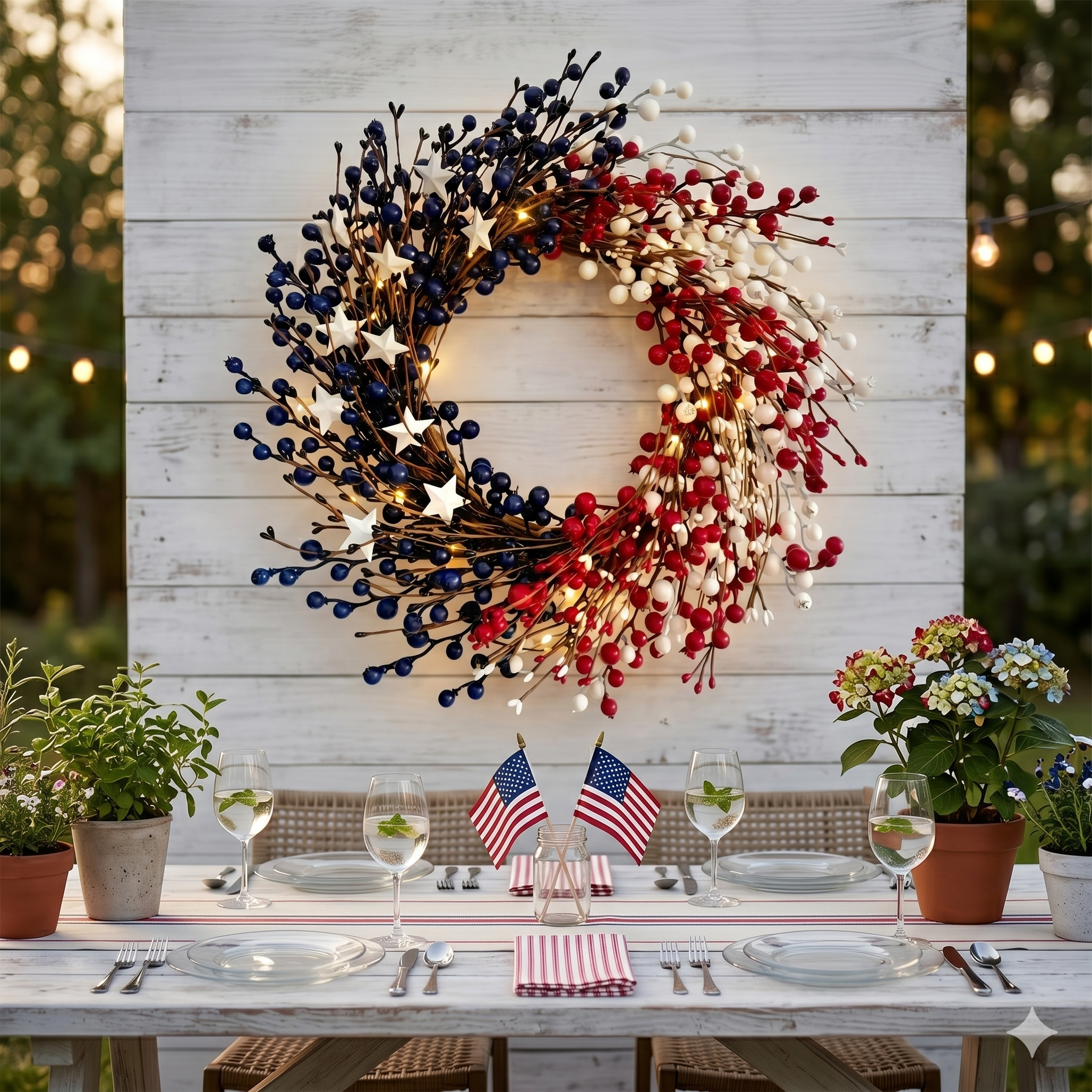 Lighted Patriotic Berry Wreath with Warm LED String Lights