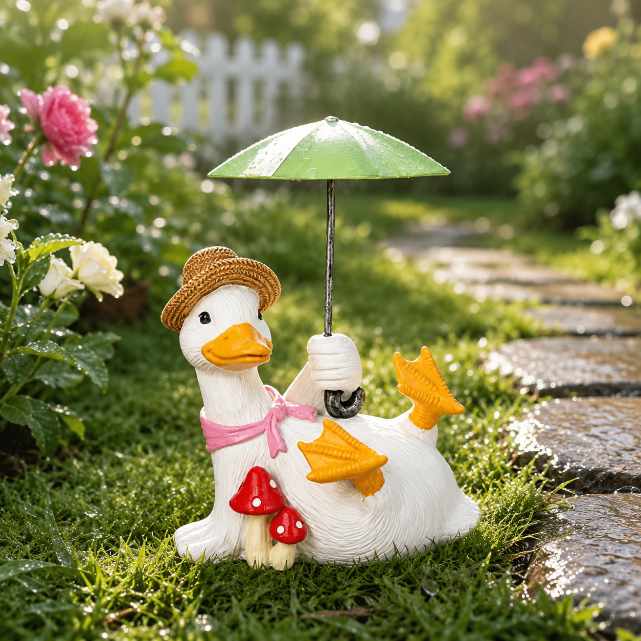 Whimsical Duck with Umbrella Garden Statue
