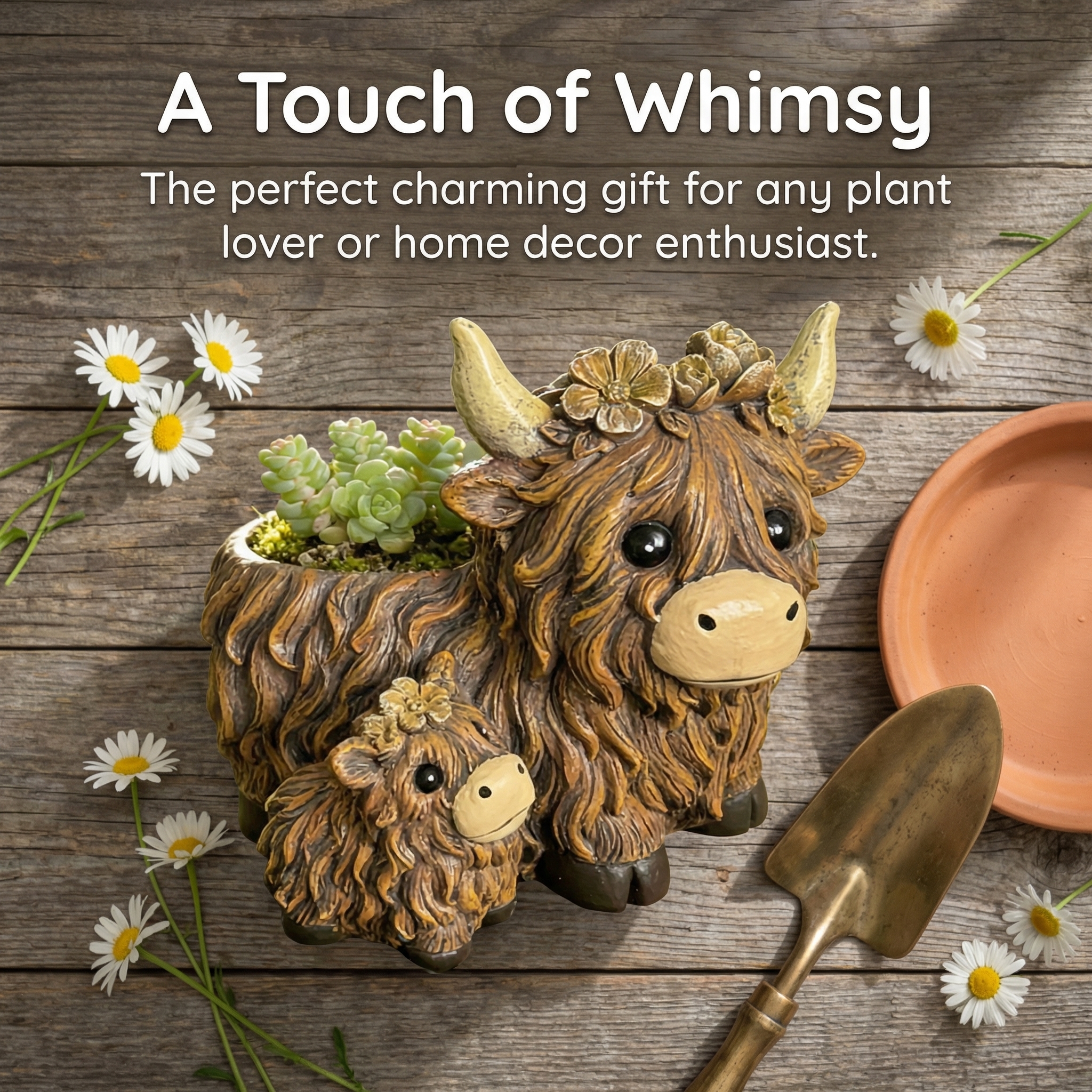 Cute Highland Cow Mother & Baby Resin Planter