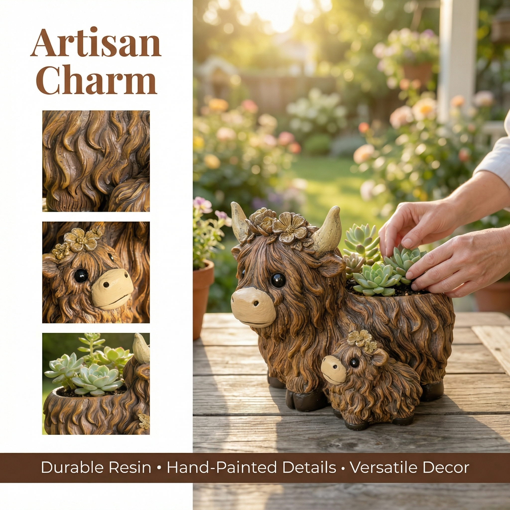 Cute Highland Cow Mother & Baby Resin Planter