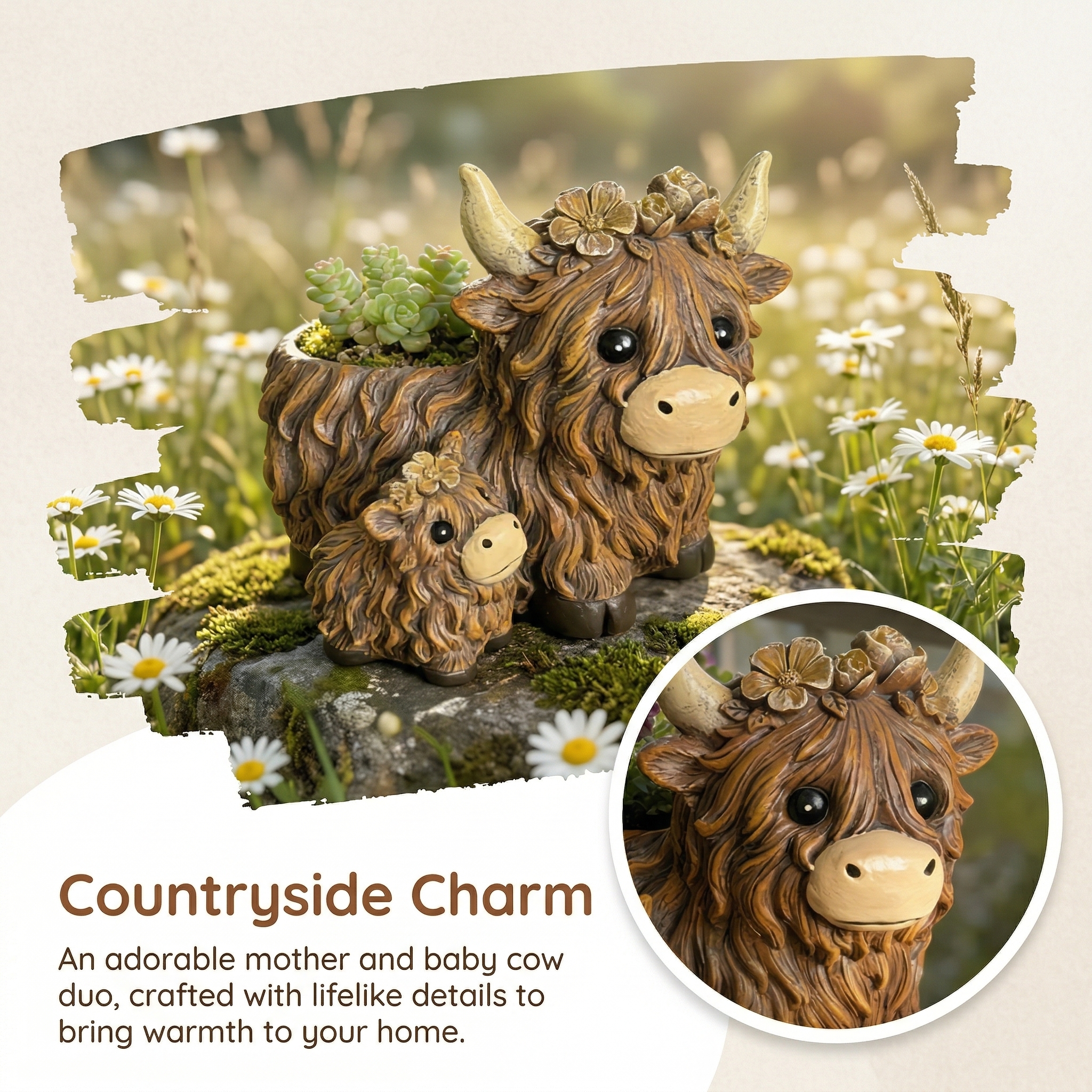 Cute Highland Cow Mother & Baby Resin Planter