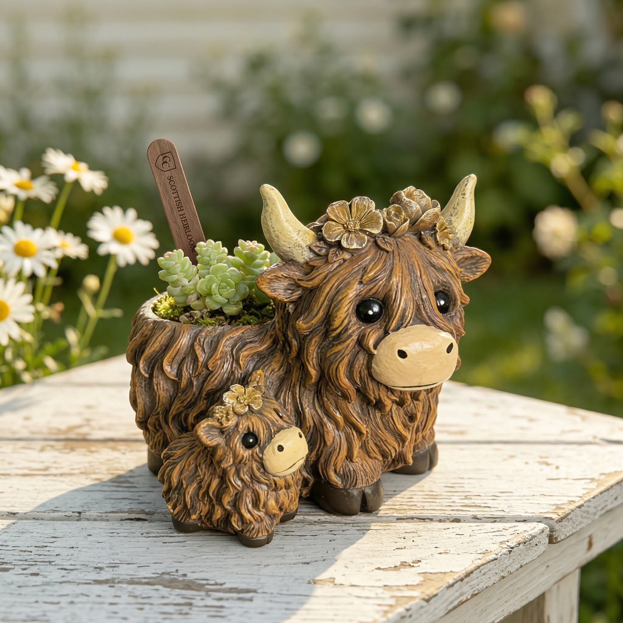 Cute Highland Cow Mother & Baby Resin Planter