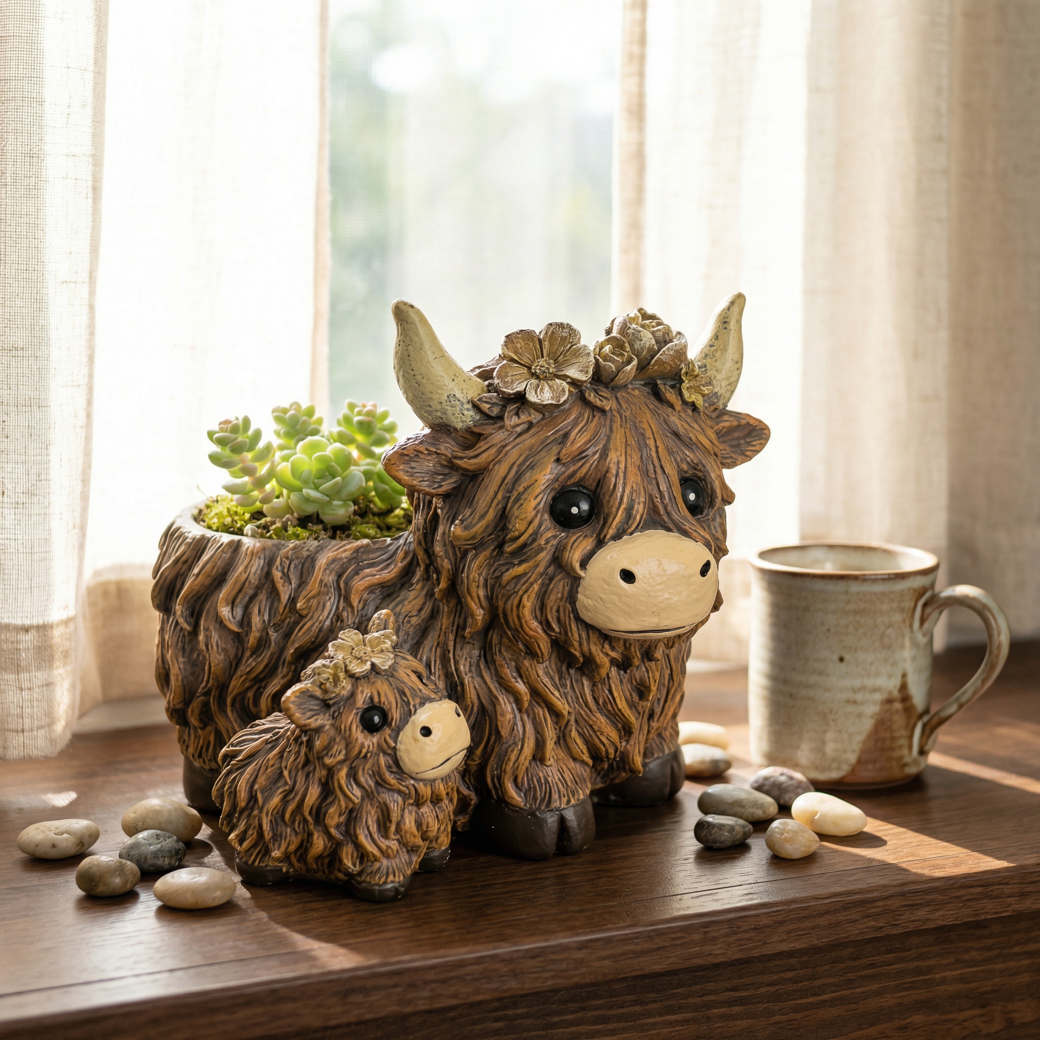 Cute Highland Cow Mother & Baby Resin Planter