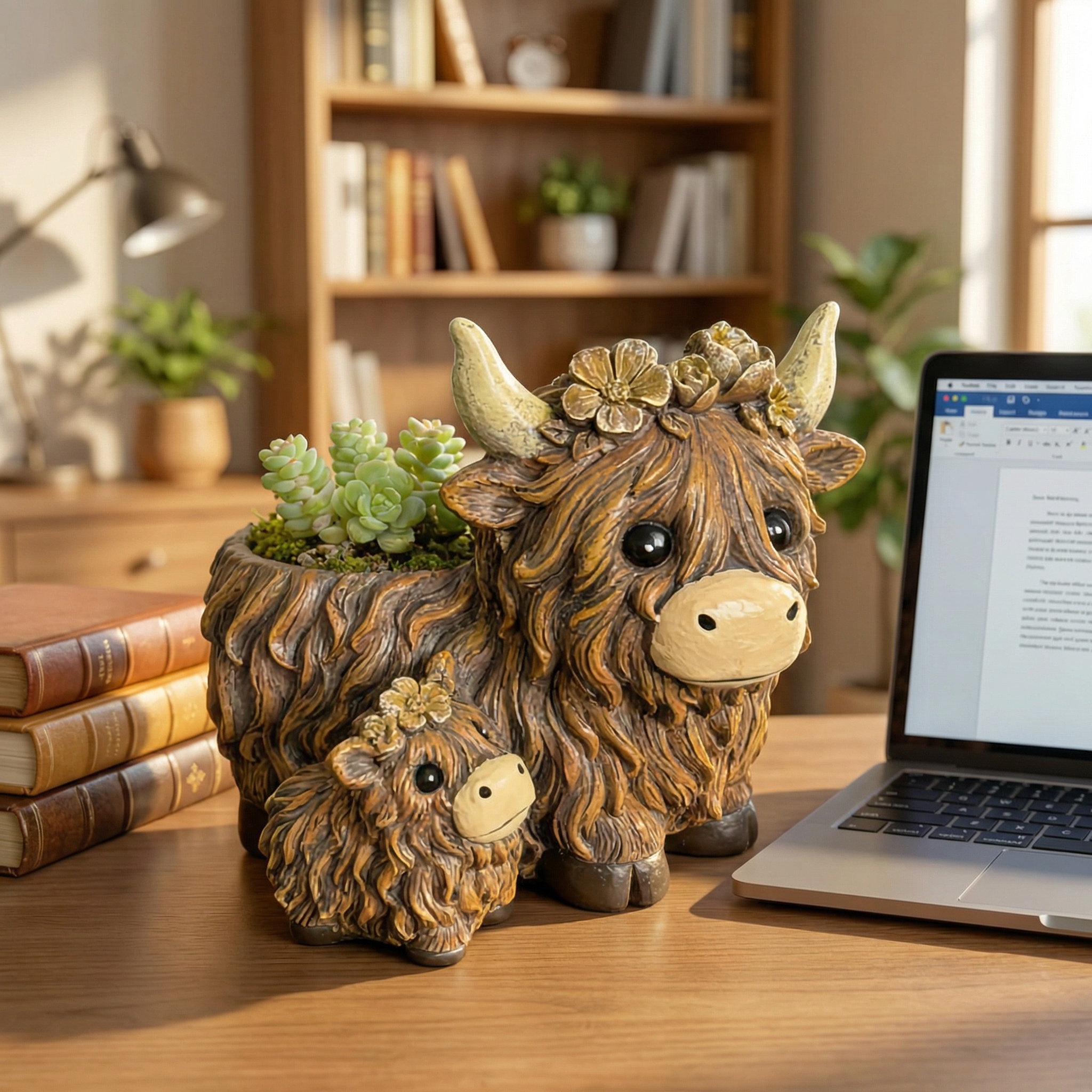 Cute Highland Cow Mother & Baby Resin Planter