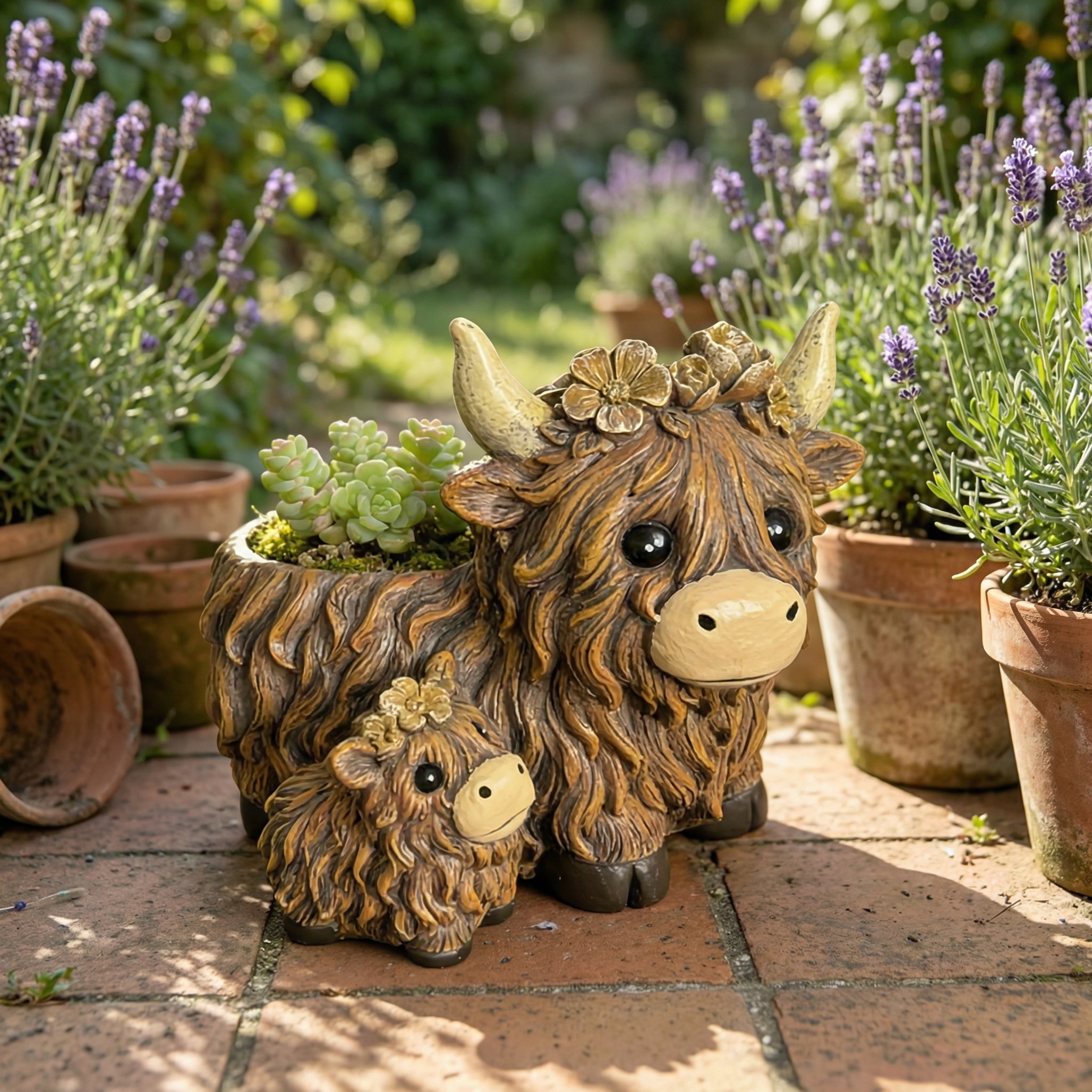 Cute Highland Cow Mother & Baby Resin Planter