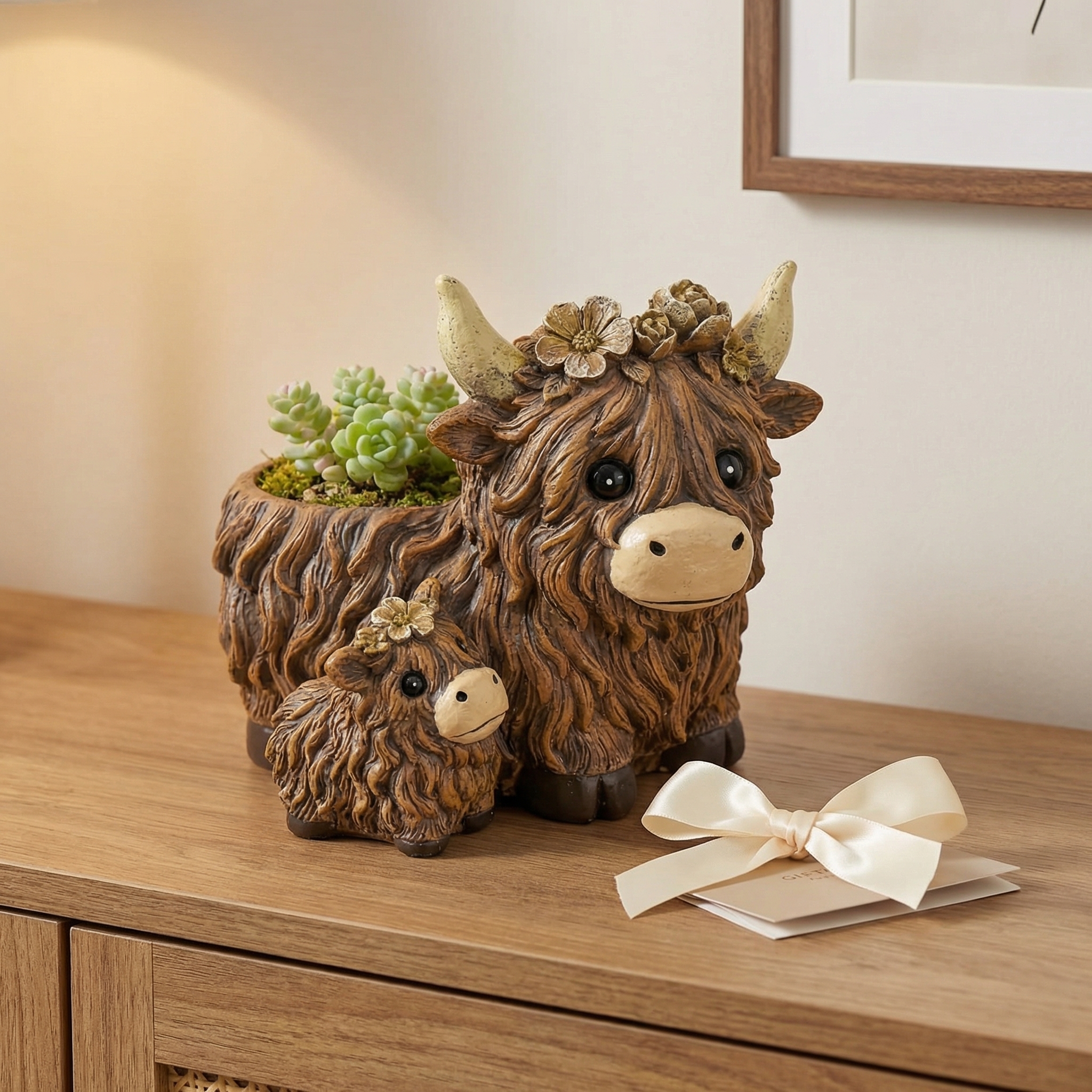 Cute Highland Cow Mother & Baby Resin Planter