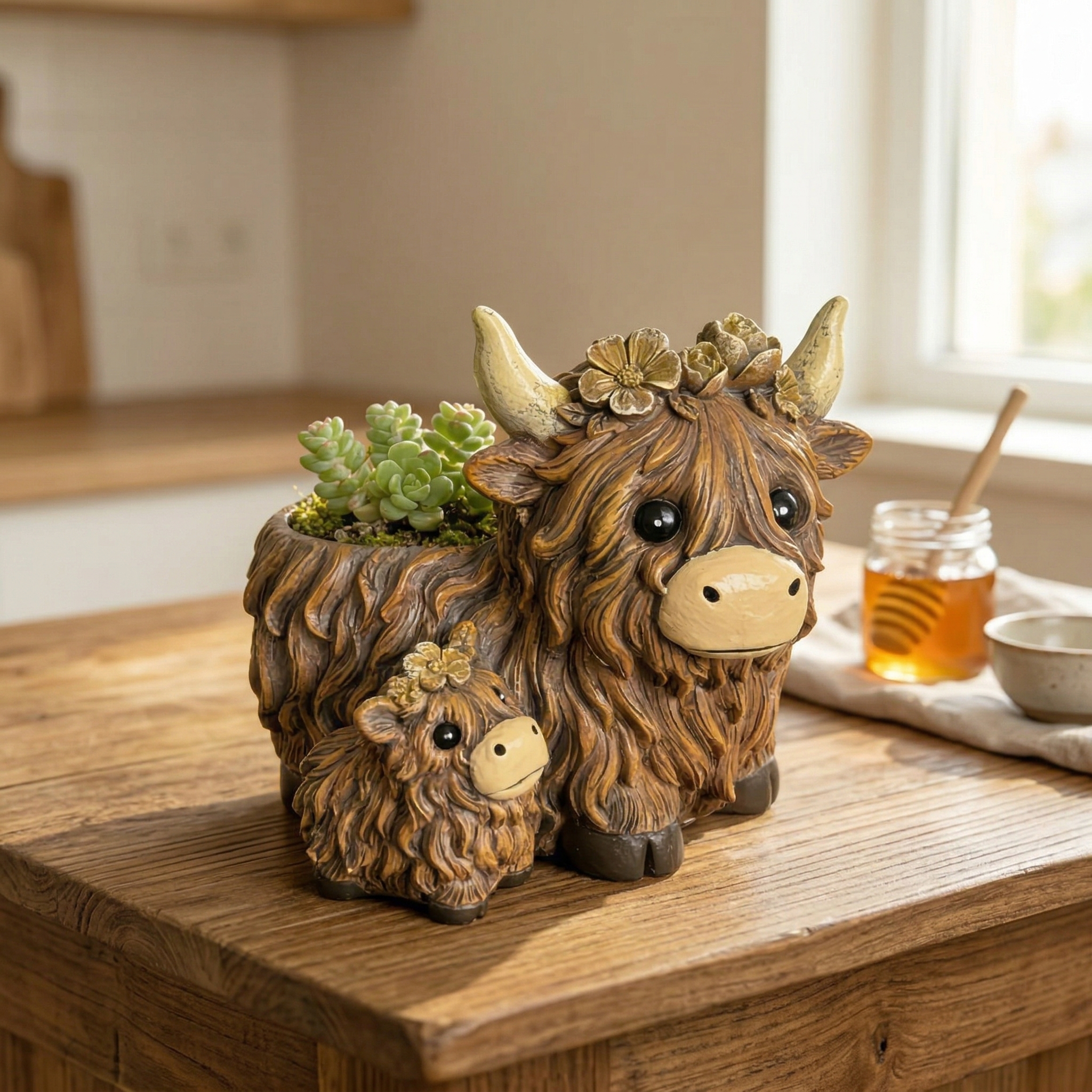 Cute Highland Cow Mother & Baby Resin Planter