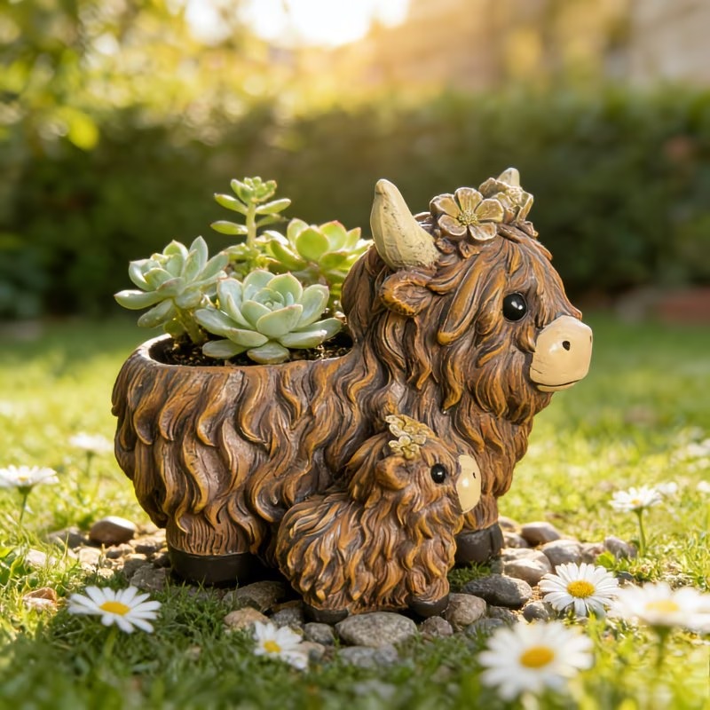 Cute Highland Cow Mother & Baby Resin Planter