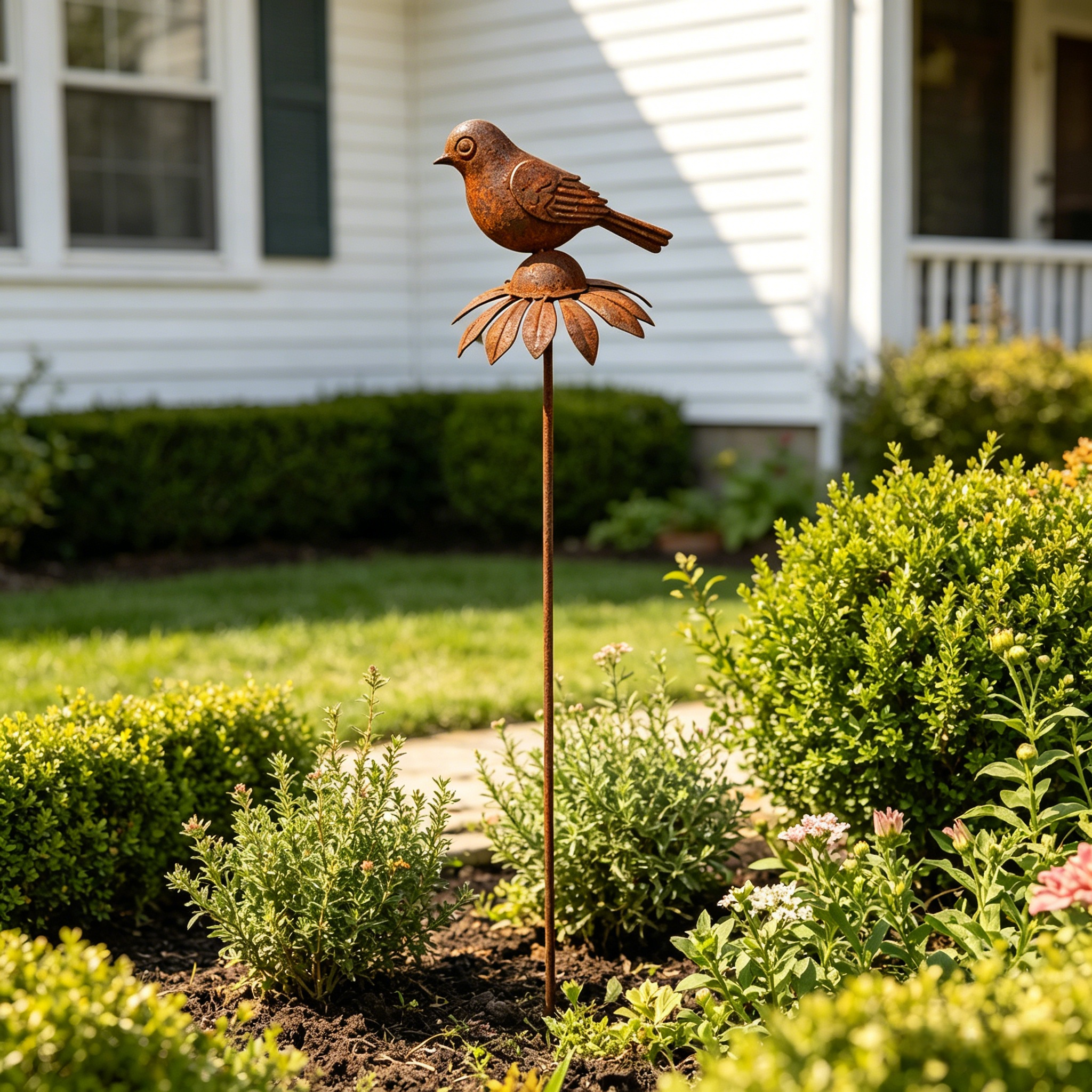 Rustic Iron Bird & Flower Garden Stake