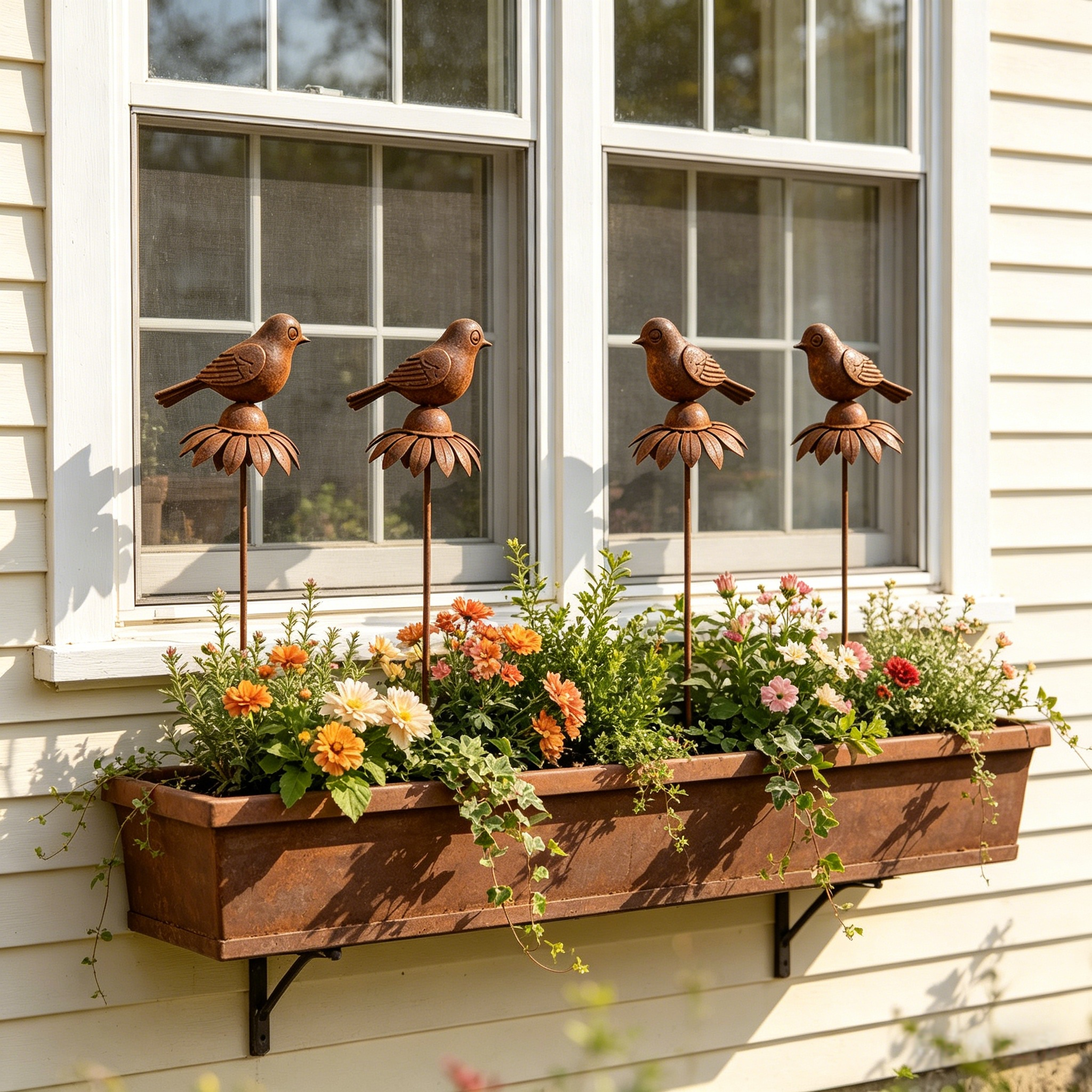 Rustic Iron Bird & Flower Garden Stake