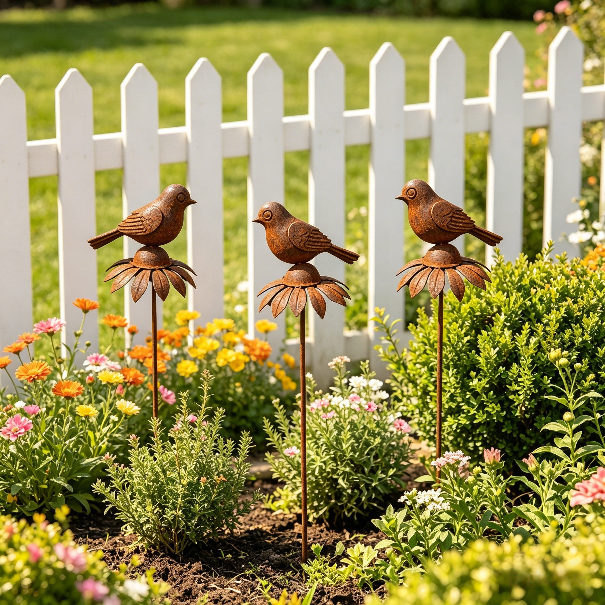 Rustic Iron Bird & Flower Garden Stake