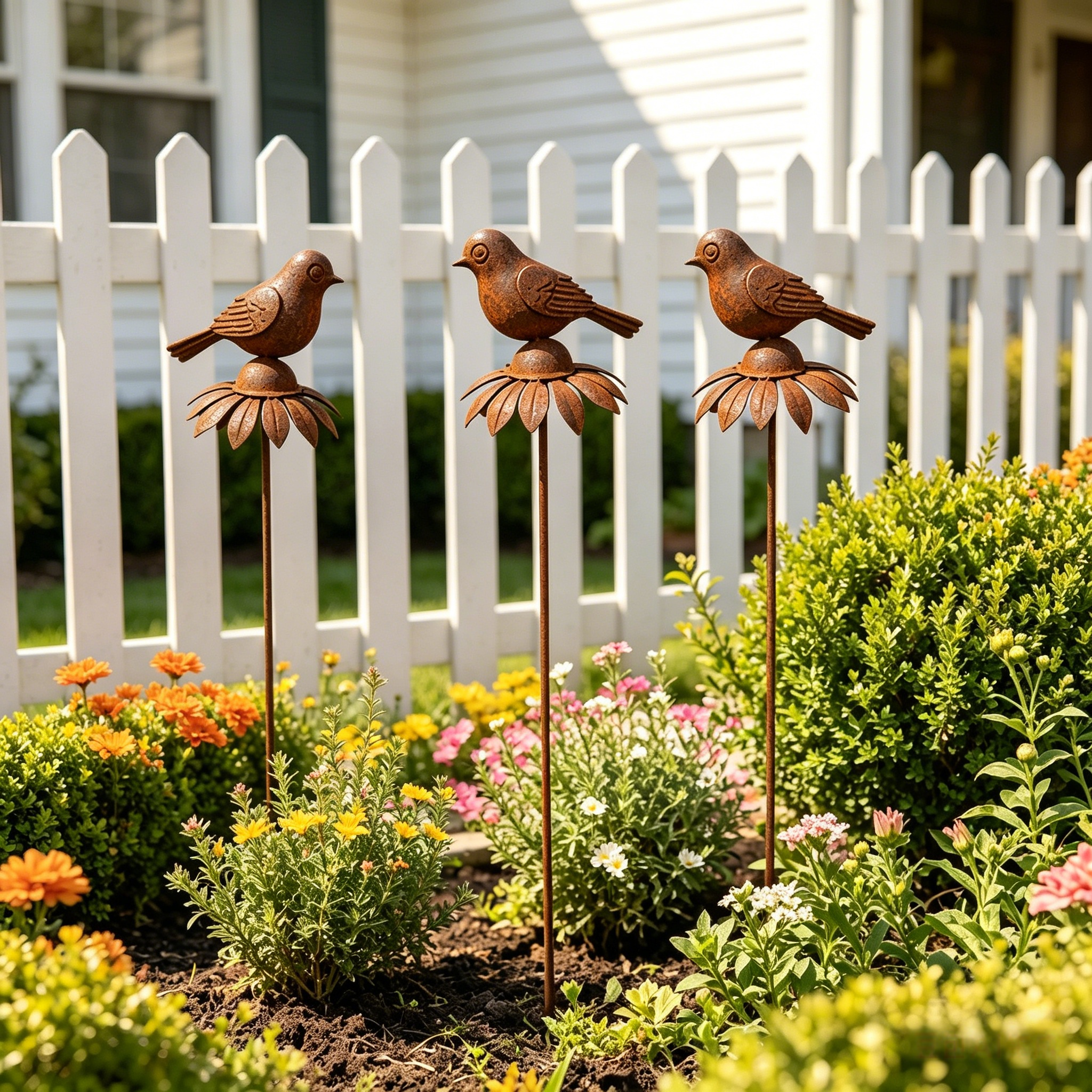 Rustic Iron Bird & Flower Garden Stake