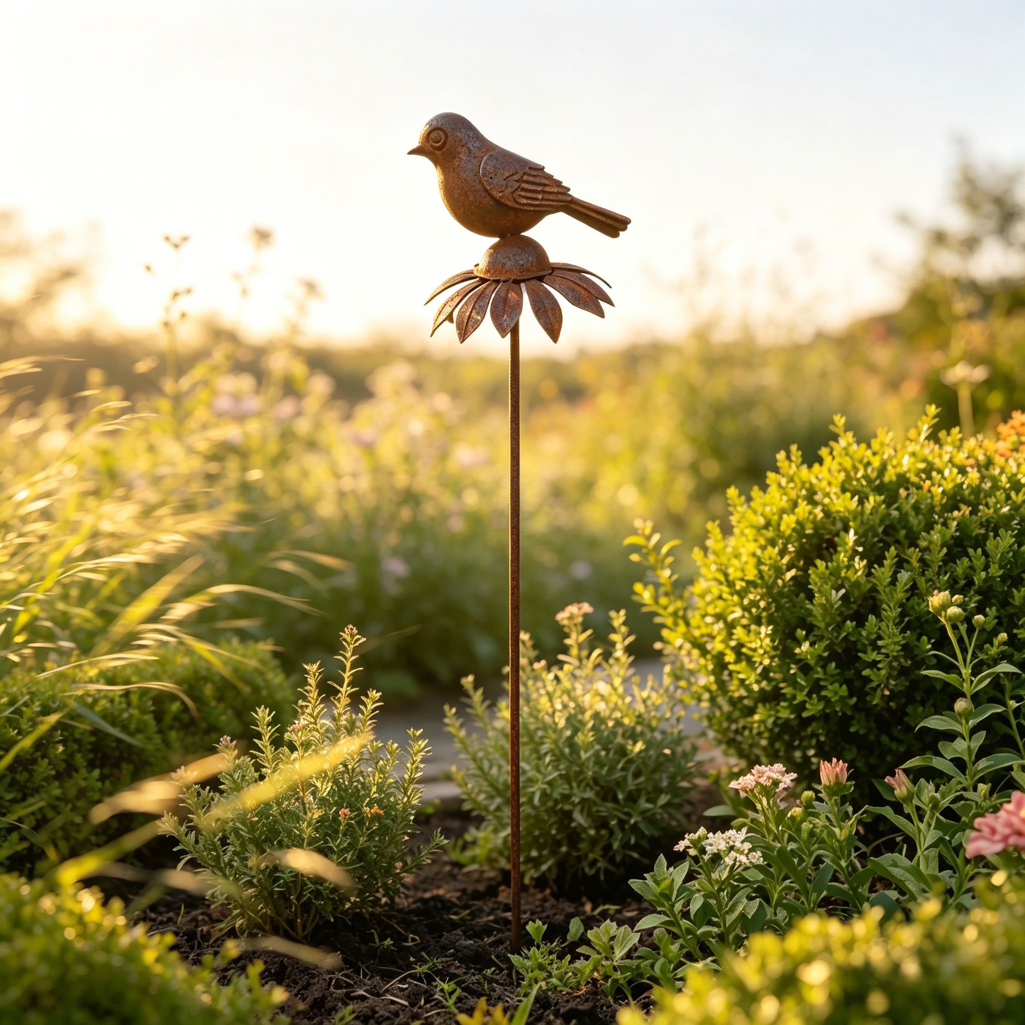 Rustic Iron Bird & Flower Garden Stake