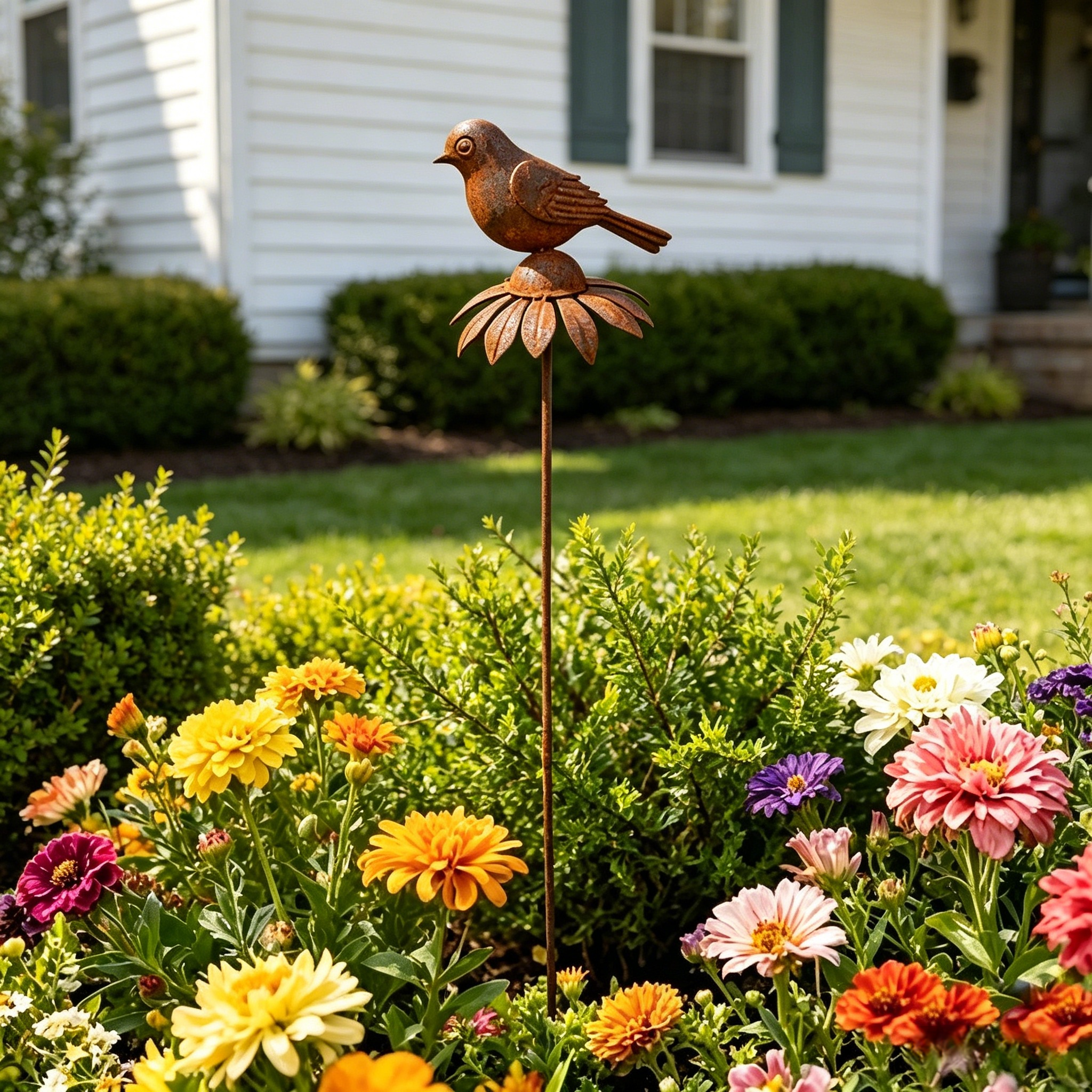Rustic Iron Bird & Flower Garden Stake