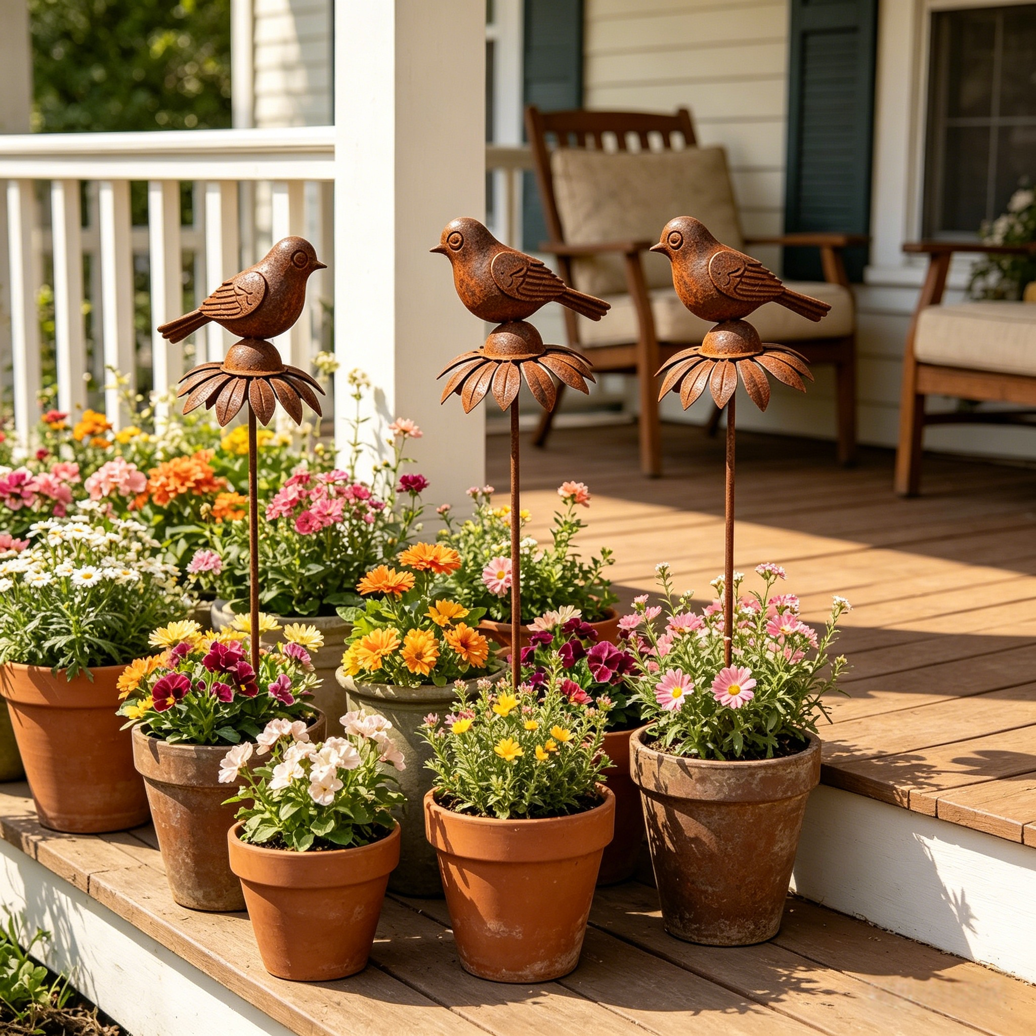 Rustic Iron Bird & Flower Garden Stake