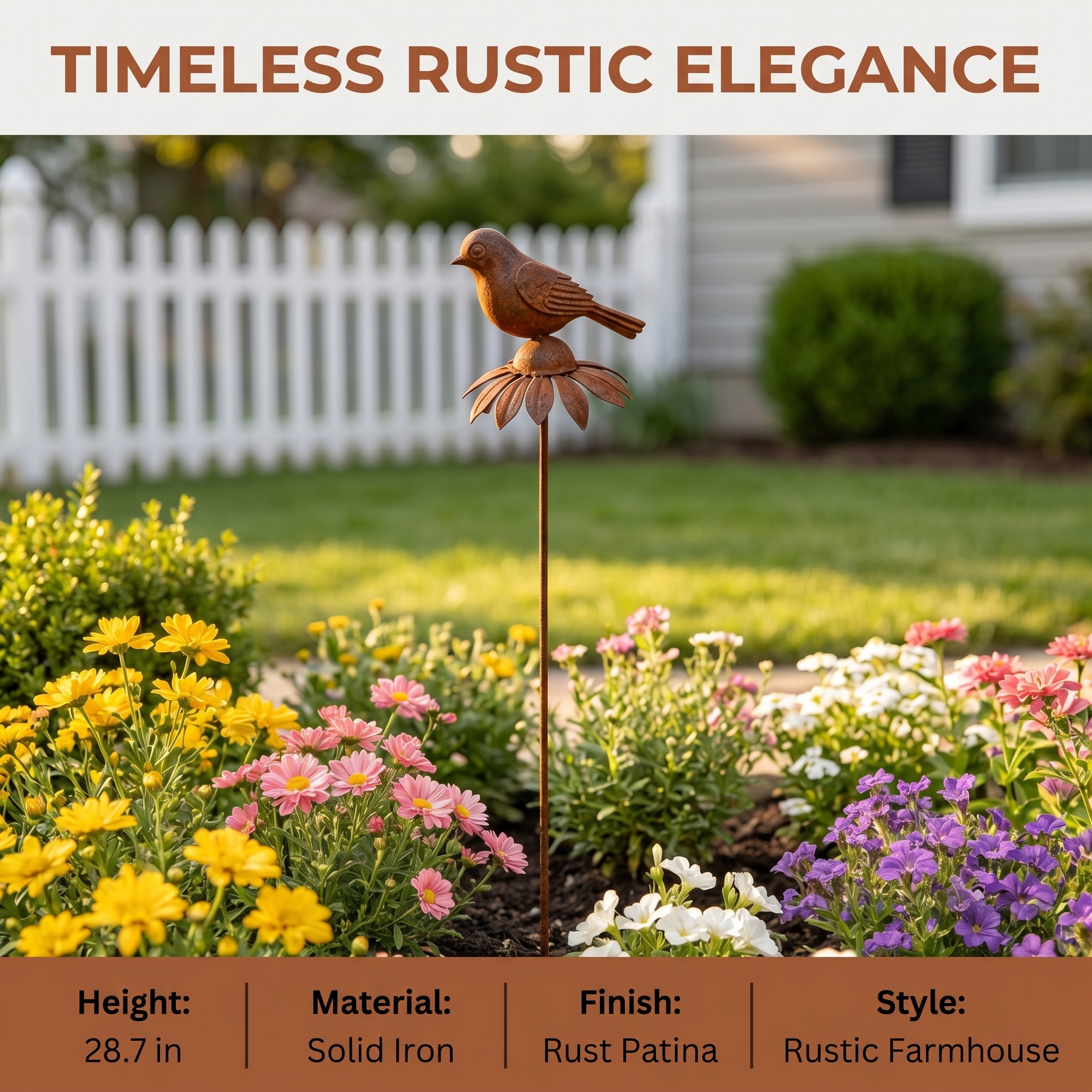 Rustic Iron Bird & Flower Garden Stake