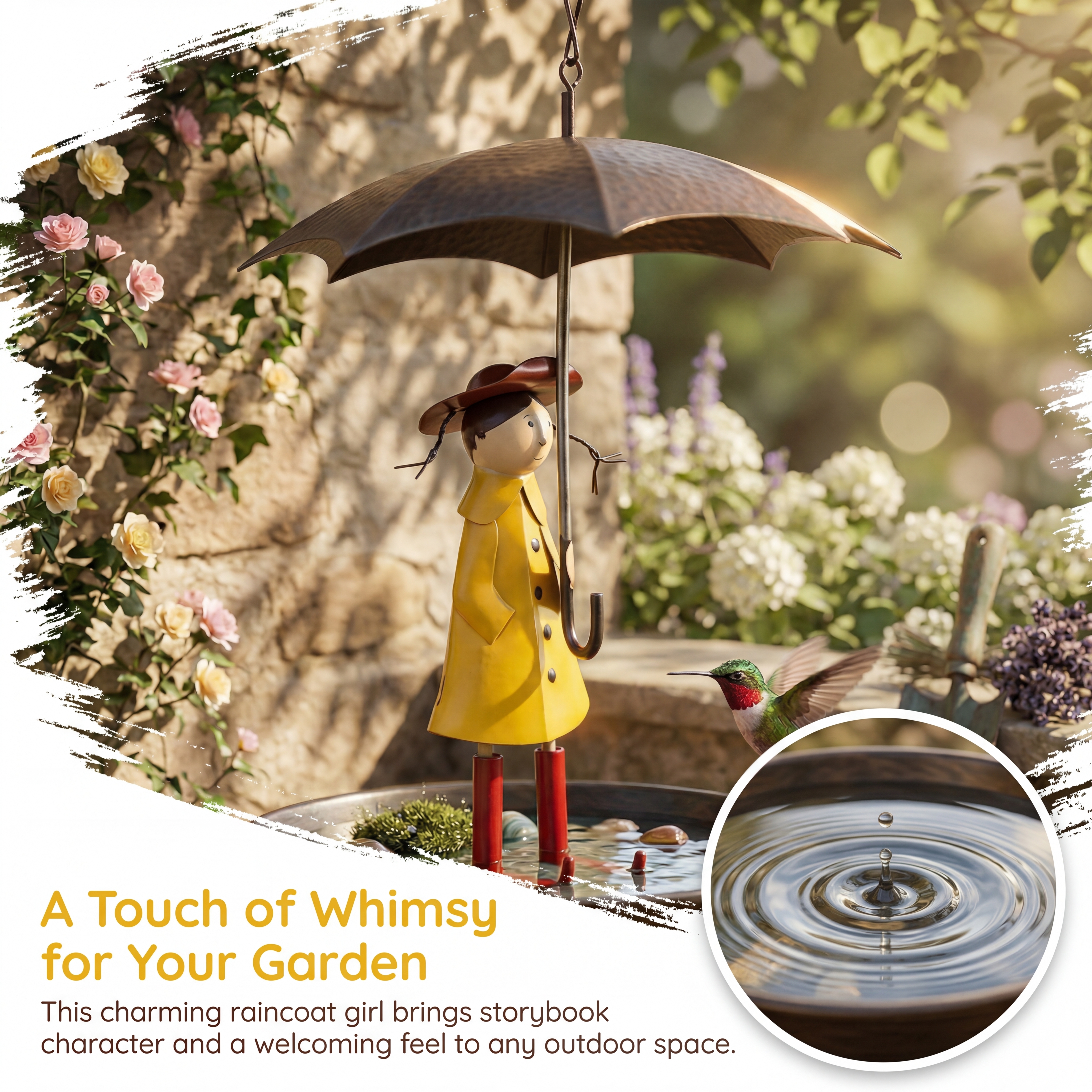 Whimsical Raincoat Girl Hanging Bird Feeder & Bird Bath