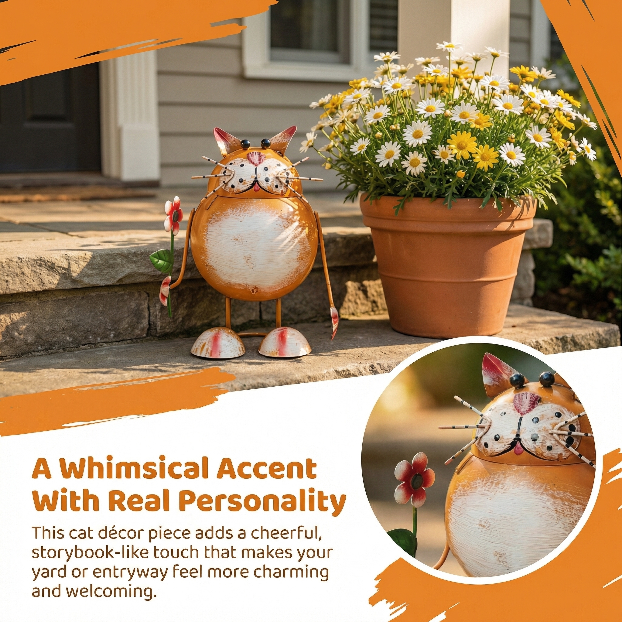 Whimsical Metal Cat Garden Statue with Flower