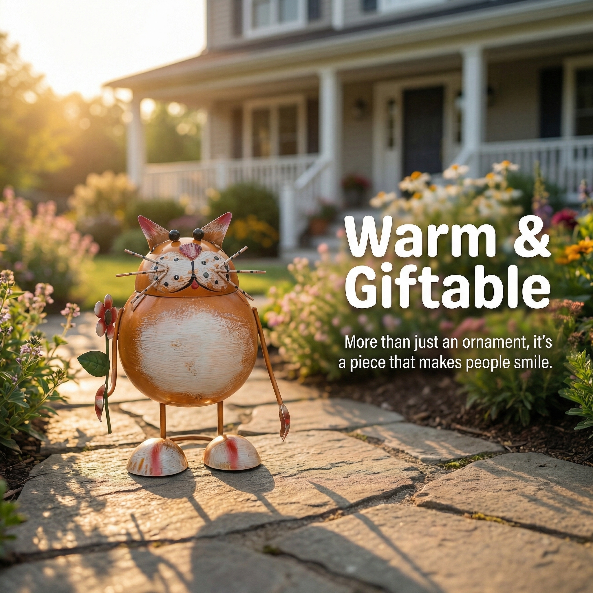 Whimsical Metal Cat Garden Statue with Flower