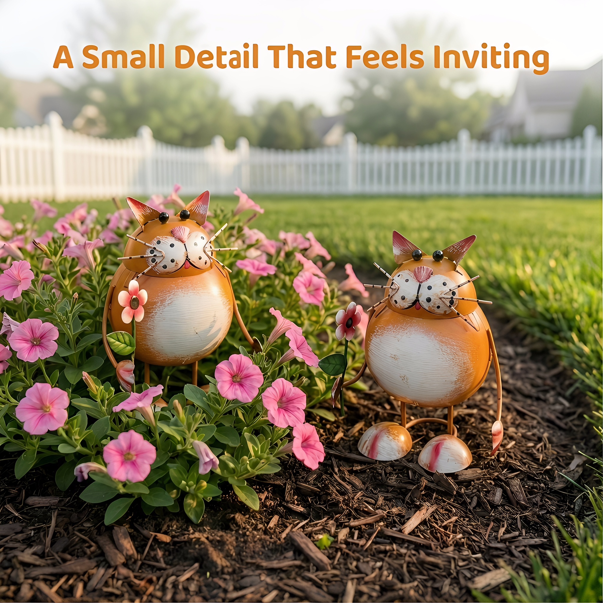 Whimsical Metal Cat Garden Statue with Flower