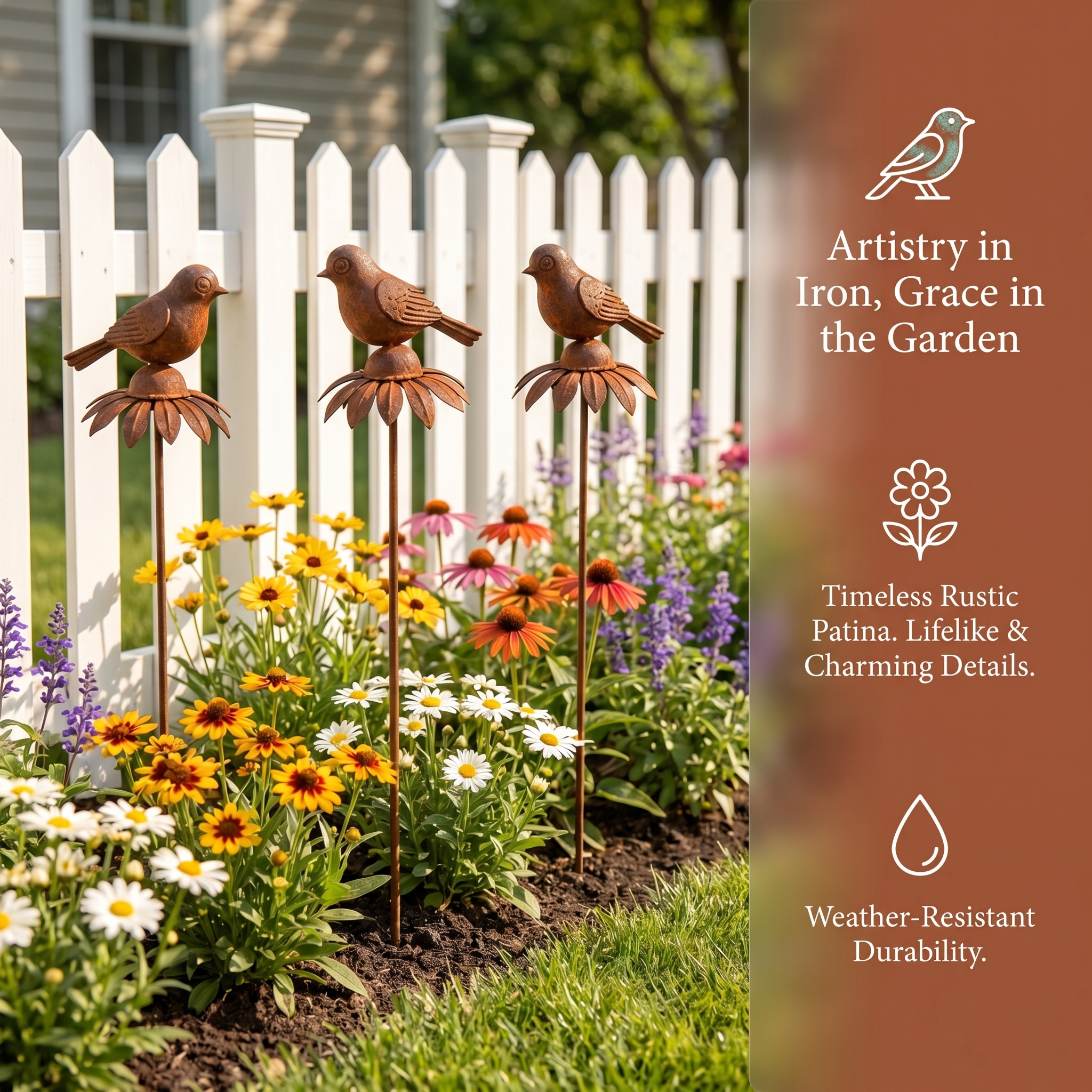 Rustic Iron Bird & Flower Garden Stake