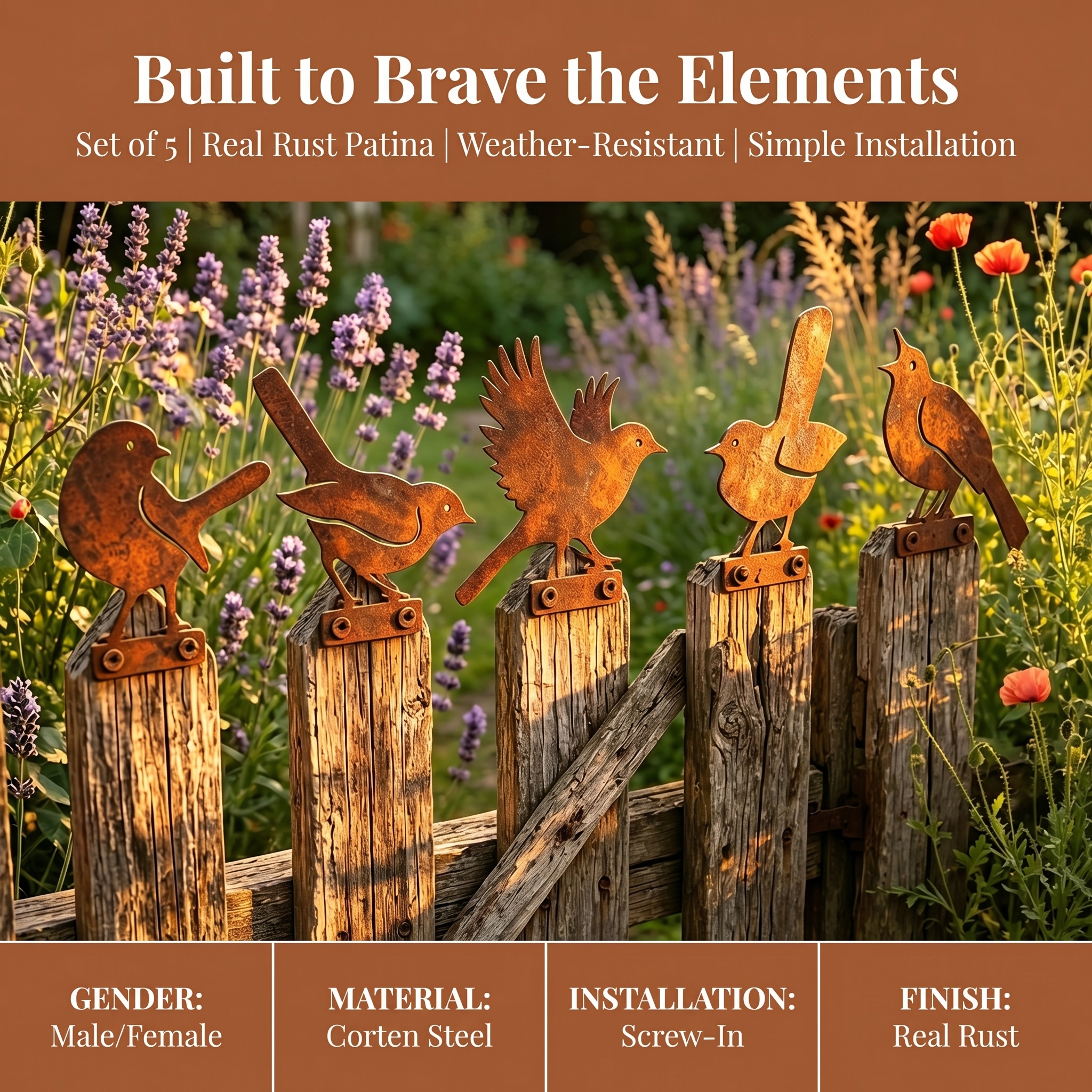 5-Piece Lifelike Rusty Metal Bird Silhouettes Garden Art