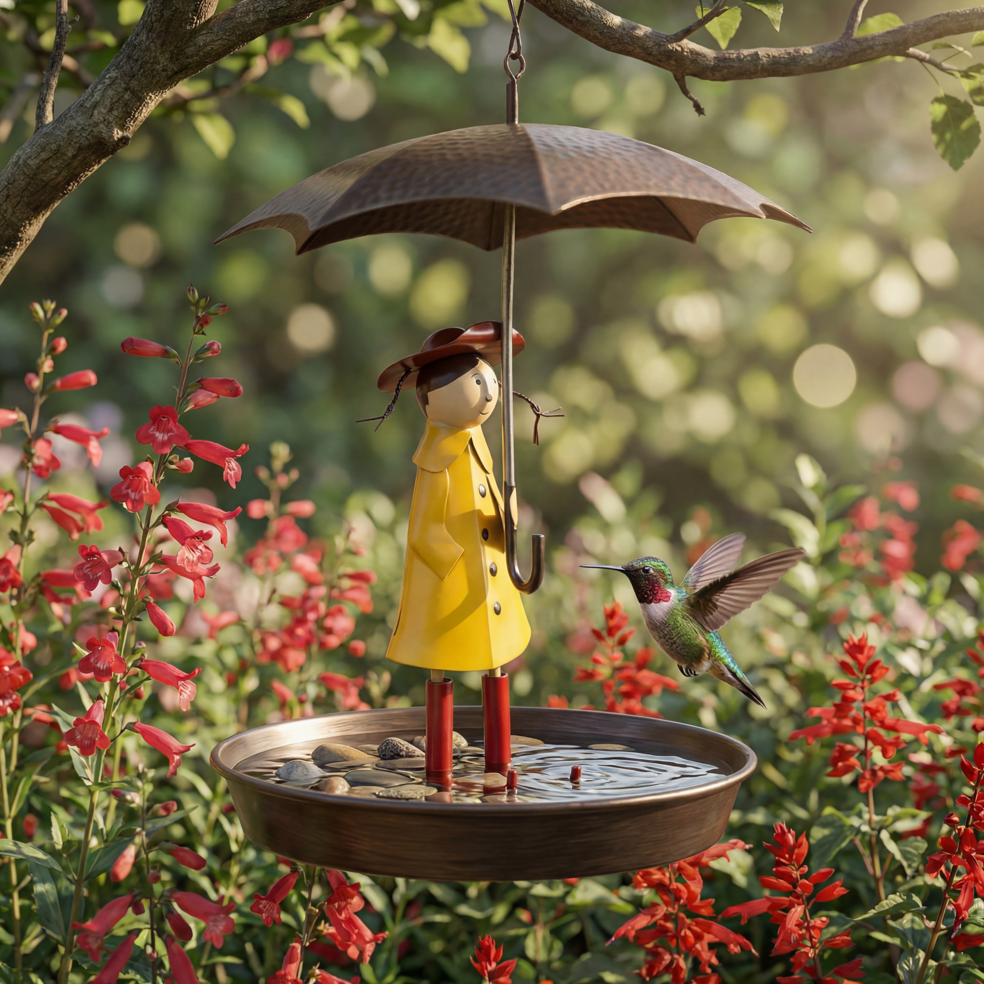 Whimsical Raincoat Girl Hanging Bird Feeder & Bird Bath