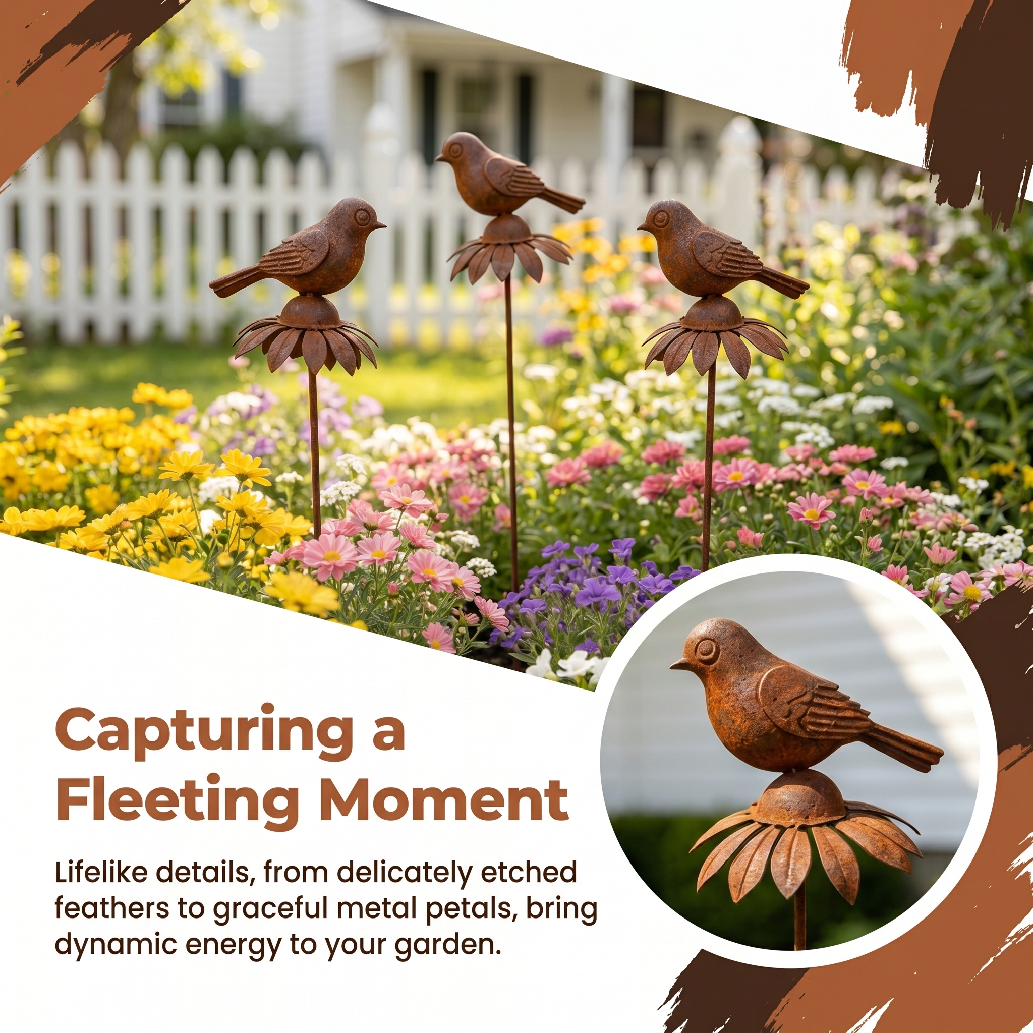 Rustic Iron Bird & Flower Garden Stake