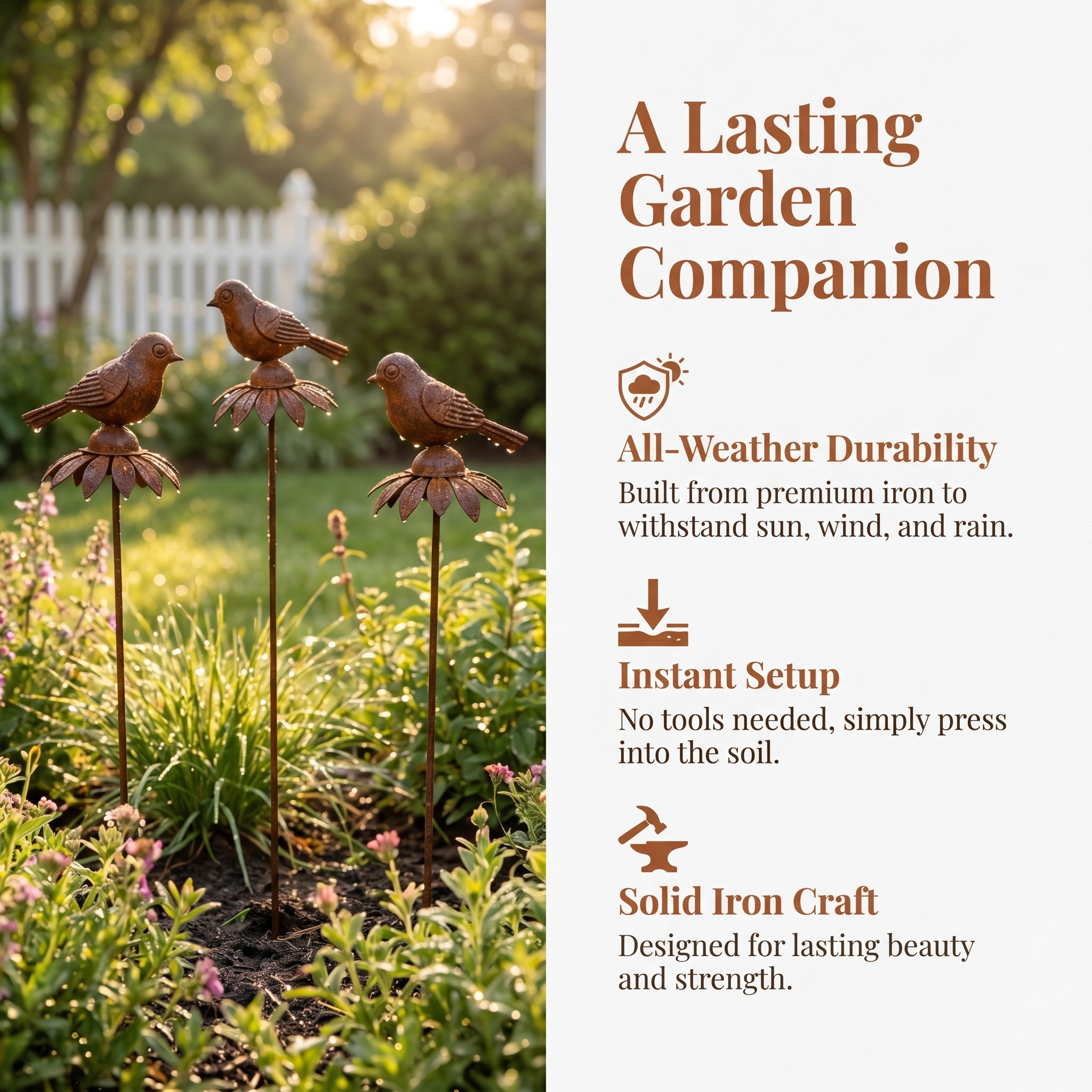 Rustic Iron Bird & Flower Garden Stake