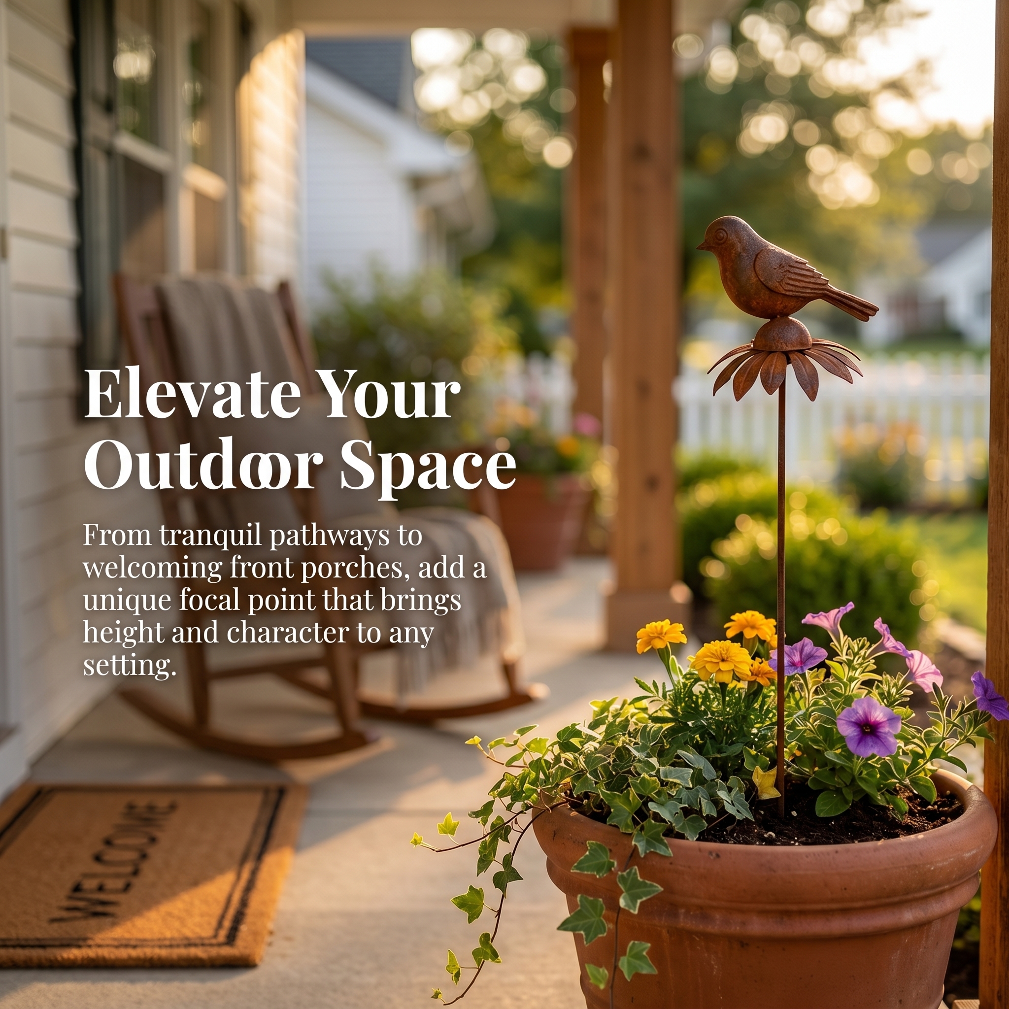 Rustic Iron Bird & Flower Garden Stake