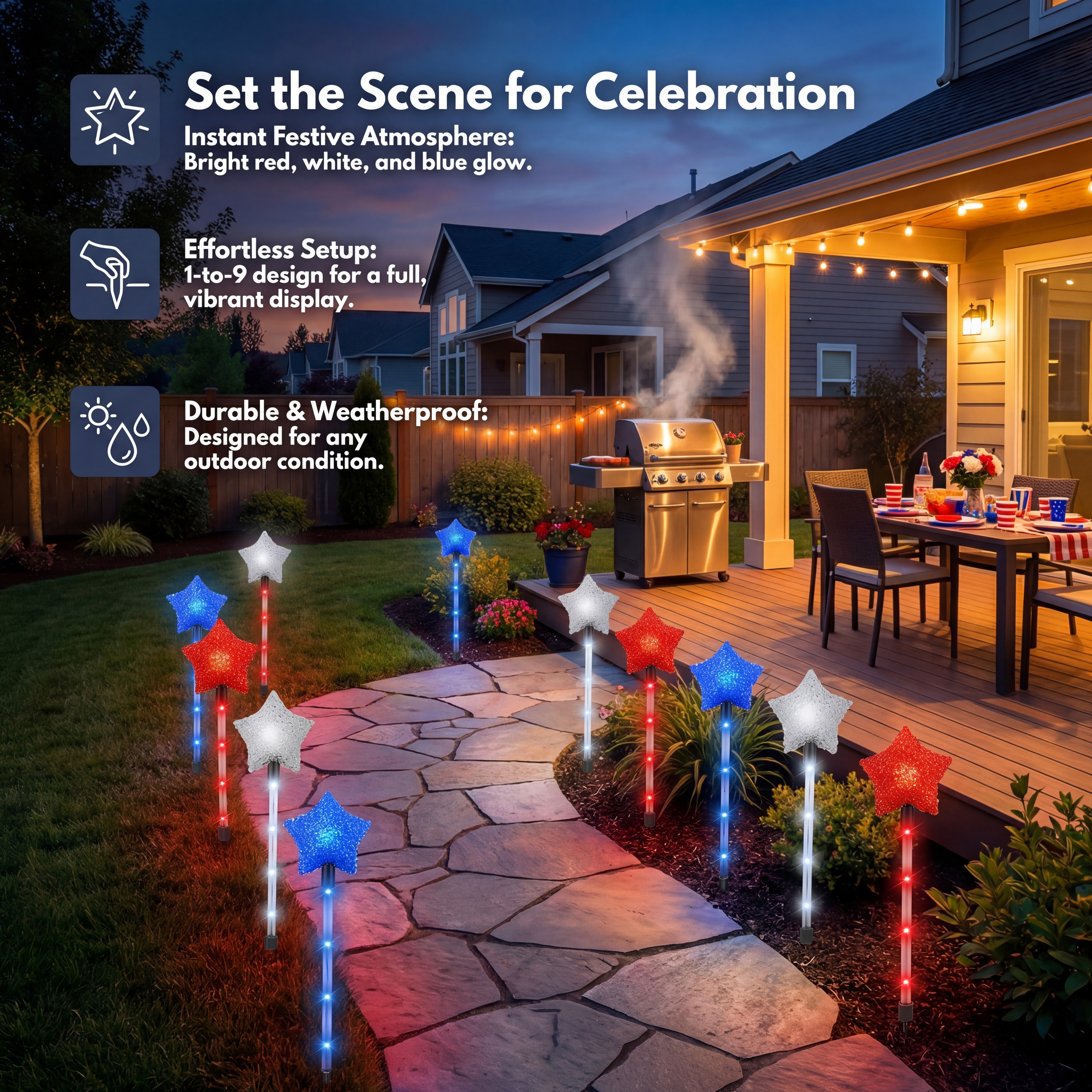 Solar Patriotic Star Stake Lights for Yard & Garden, Set of 9