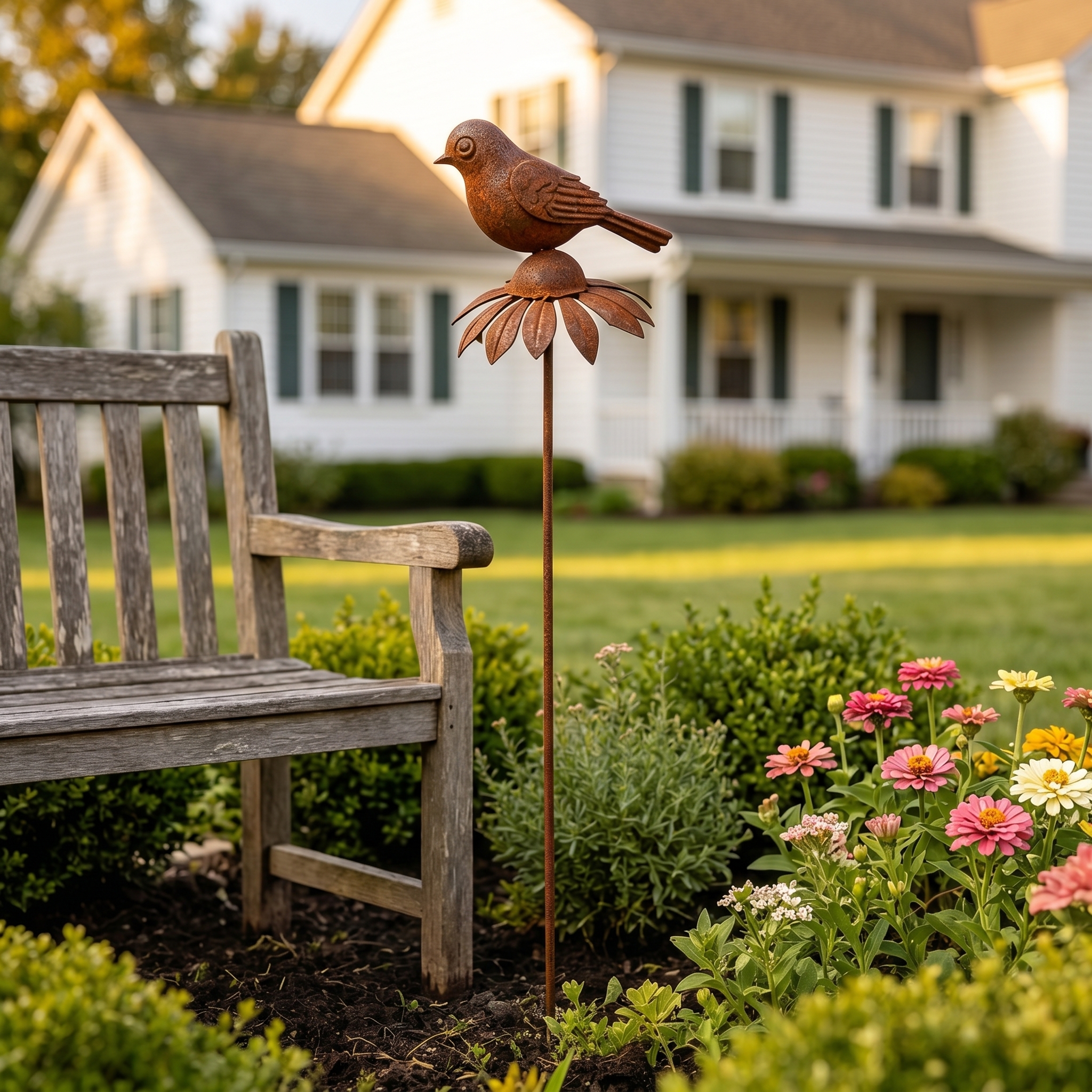 Rustic Iron Bird & Flower Garden Stake