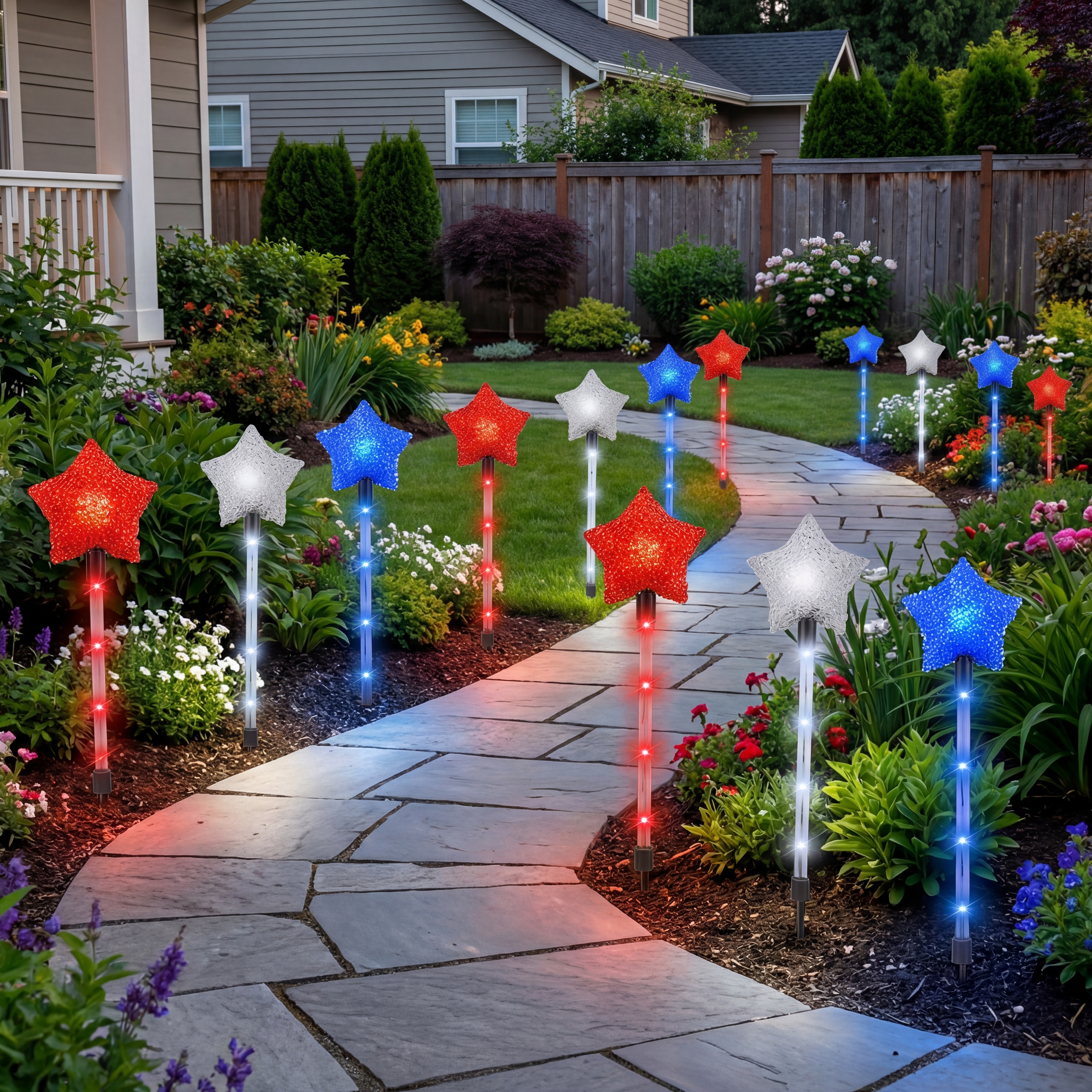 Solar Patriotic Star Stake Lights for Yard & Garden, Set of 9
