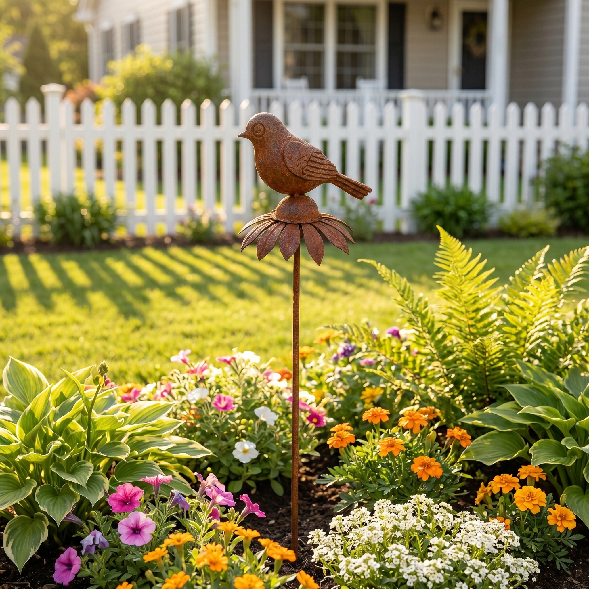 Rustic Iron Bird & Flower Garden Stake