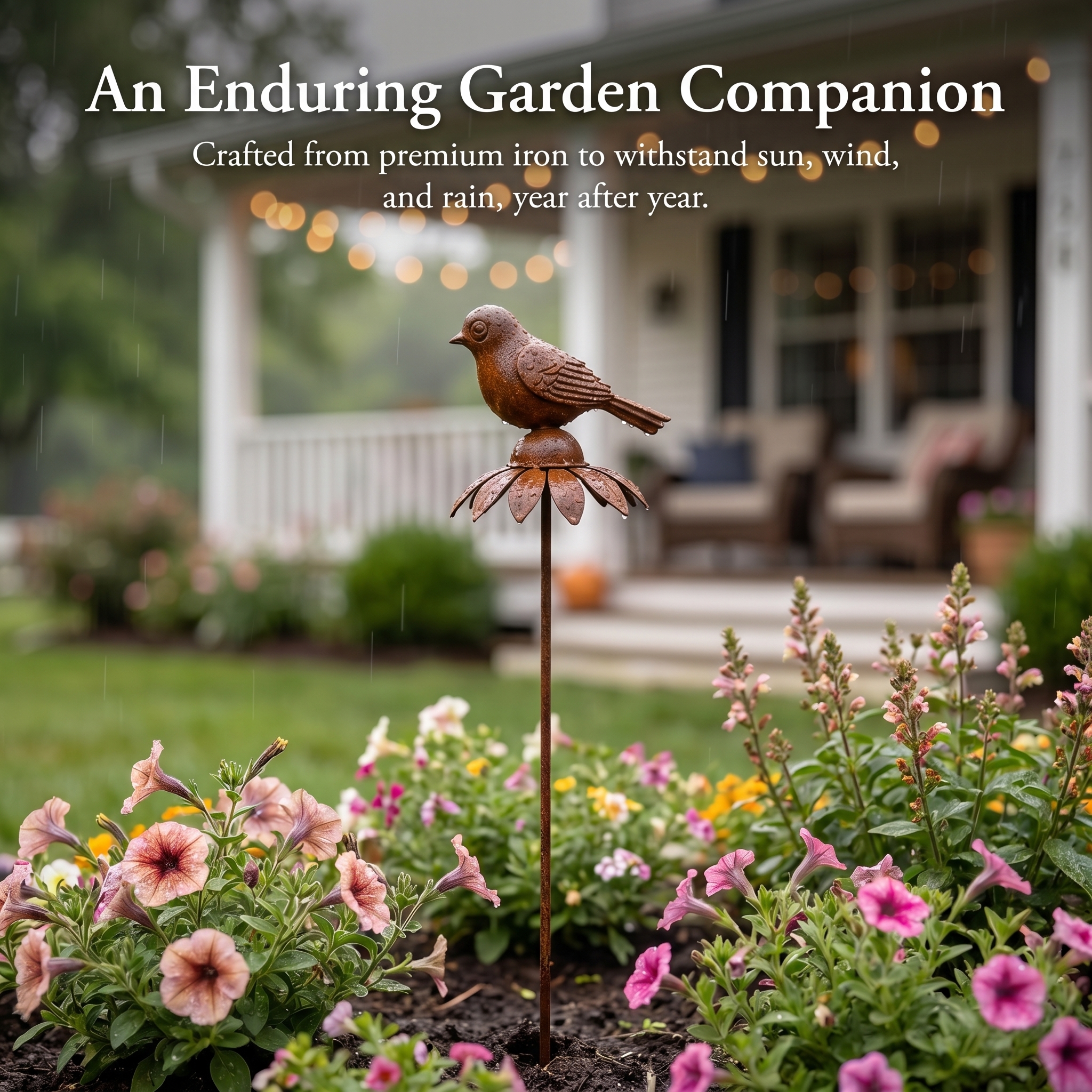 Rustic Iron Bird & Flower Garden Stake