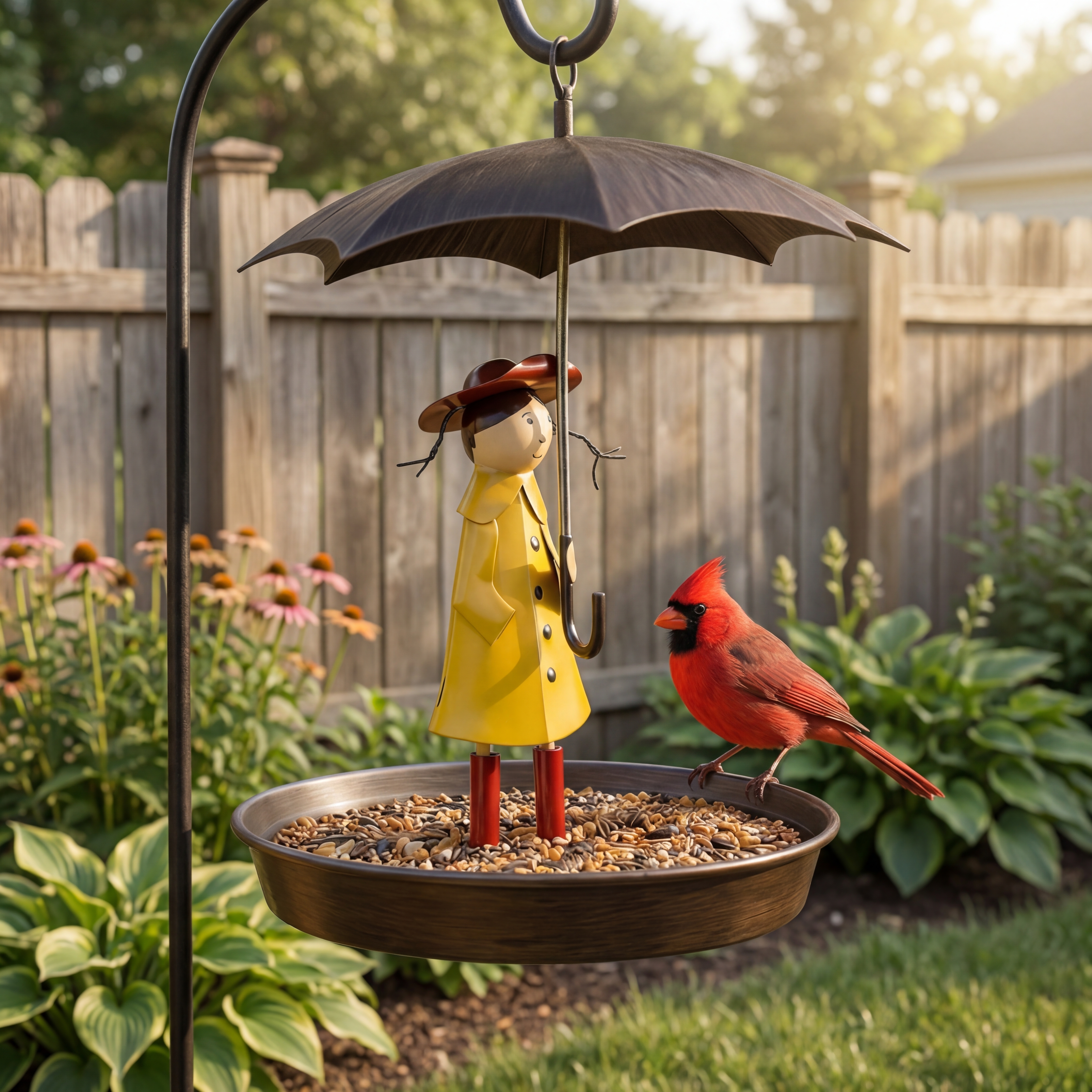 Whimsical Raincoat Girl Hanging Bird Feeder & Bird Bath